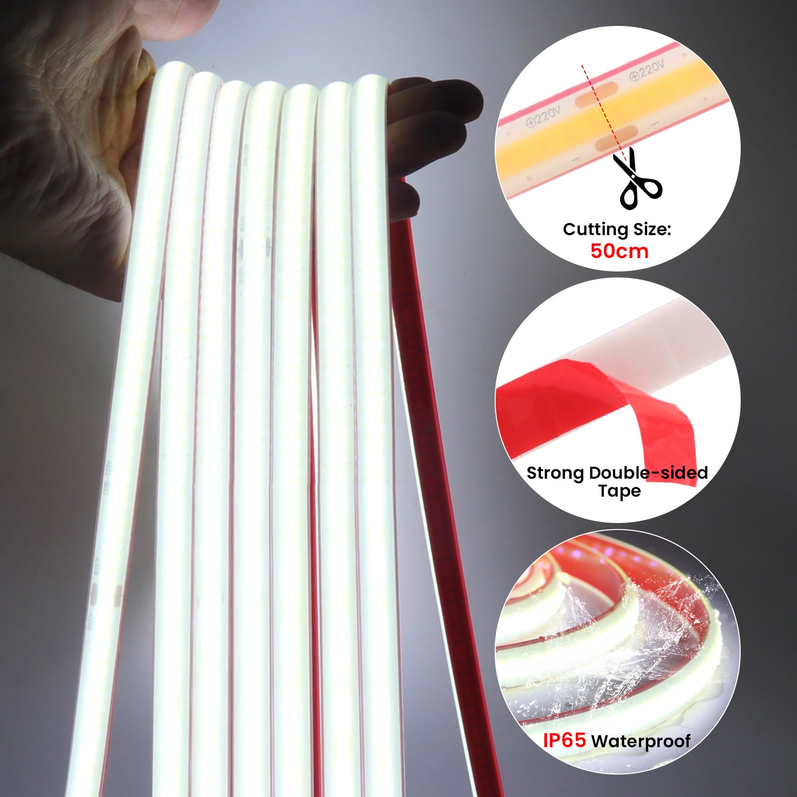 KISUFU 220 V COB Striscia LED, IP65 impermeabile flessibile LED striscia luminosa, 288 LEDs/m colla double face light strip per Natale, festa, camera, cucina, decorazione, bianco, 10 m