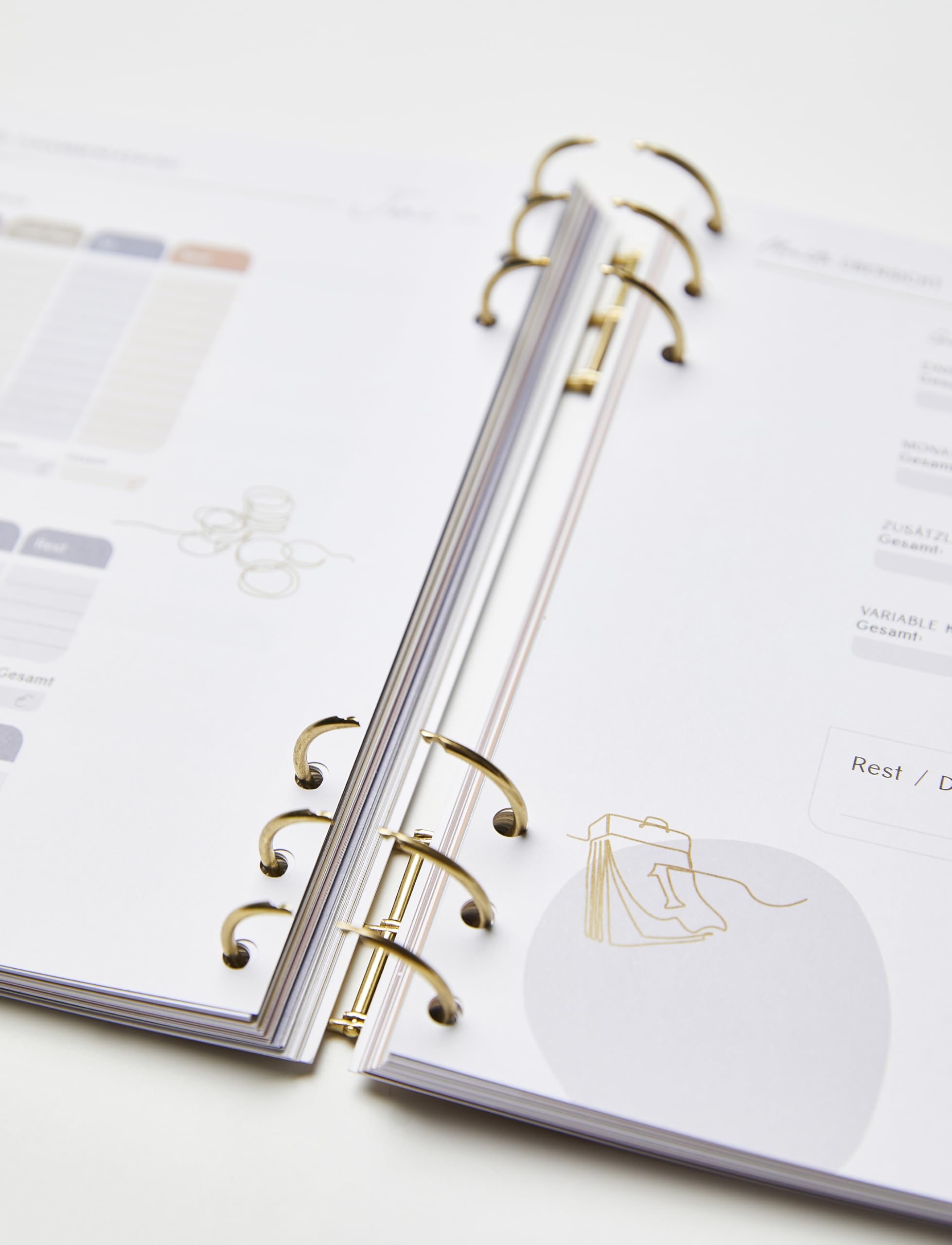 Moneyglow® Mein Budgetplaner A5 deutsch I 310 Seiten I goldene Ringe zum Öffnen I Seiten immer wieder austauschbar I Register I Illustrationen I satiniertes Schreibpapier I undatiert