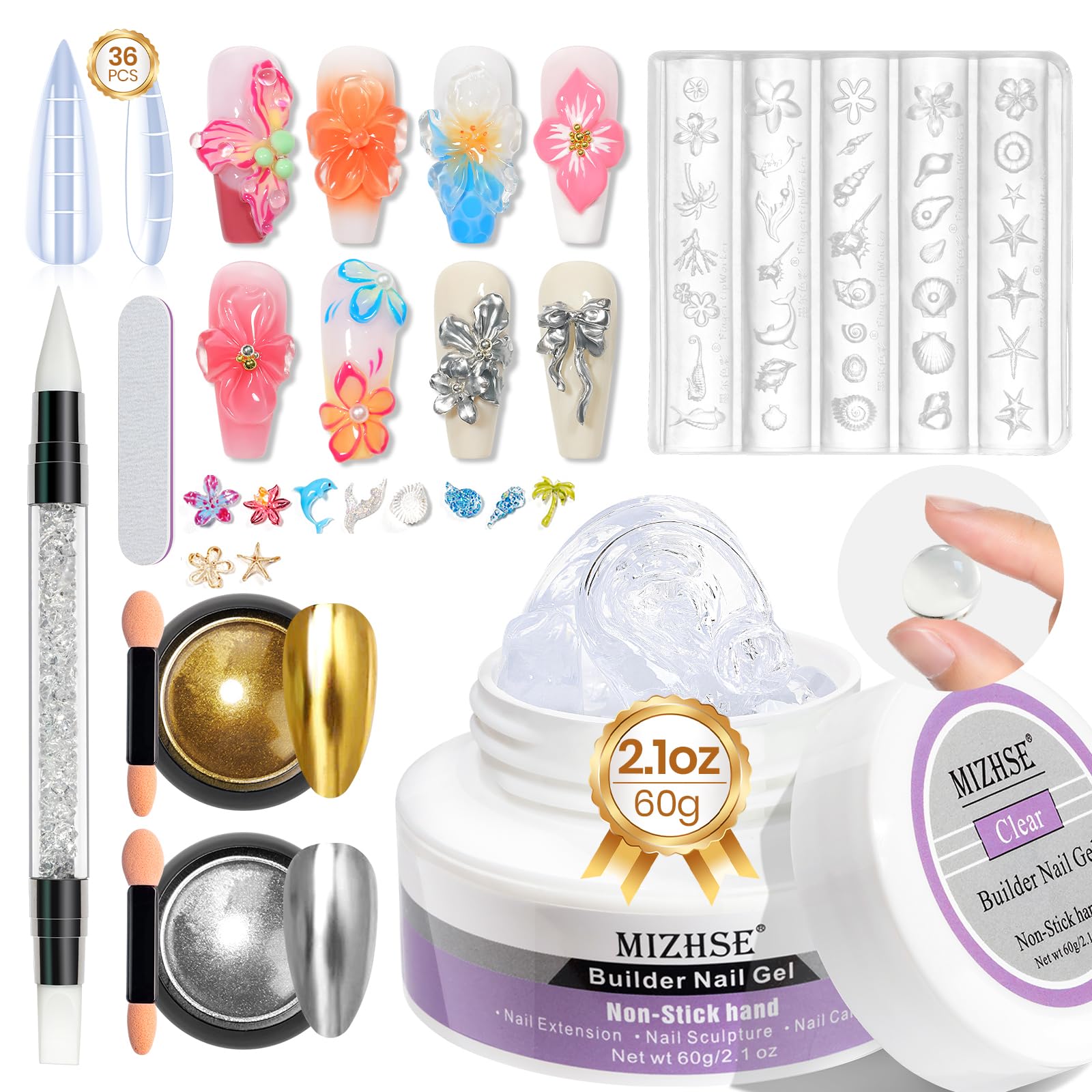 MIZHSE 3D Gel for Nails 3D Nail Gel, UV Solid Builder Gels, Non-stick Hand, Set including Gold & Silver Chrome Powder