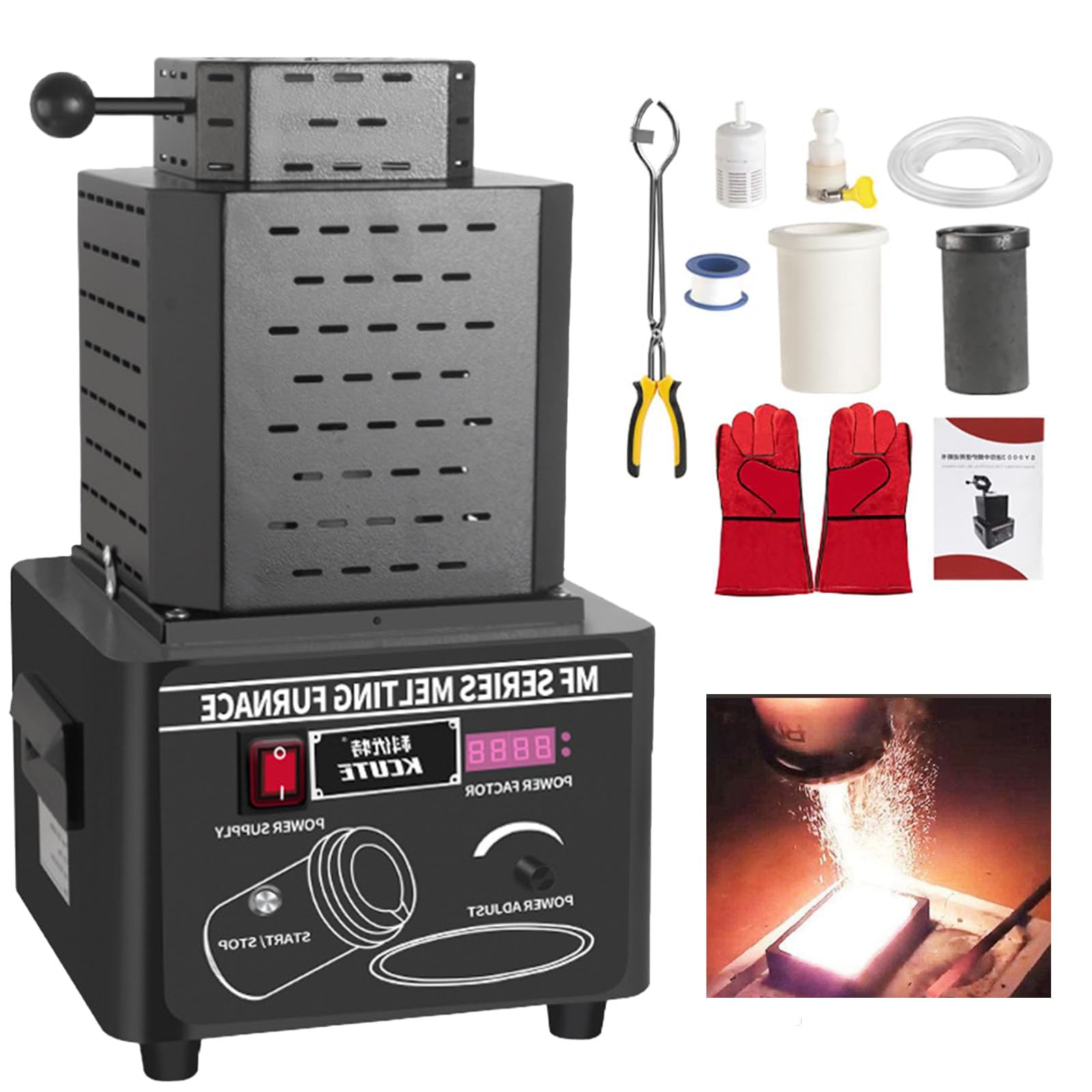 SENJINGHUA Electric Gold Melting Furnace, gold melting furnace 1600℃/2912℉ Digital Melting Furnace Machine, Metal Casting Kit with Graphite Crucible, Melting Time 3-5 Minutes Black-1kg