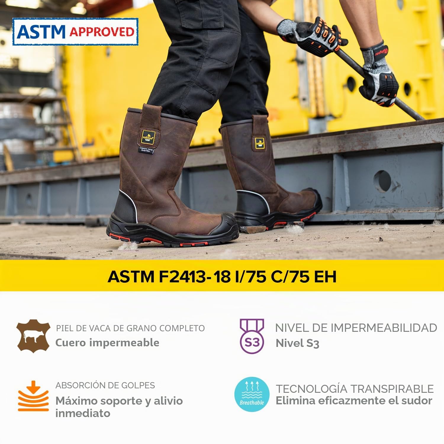 Botas de trabajo para hombre, botas de seguridad de piel de vaca, 8 pulgadas, punta compuesta, botas de construcción industrial para aceite, gas, mina