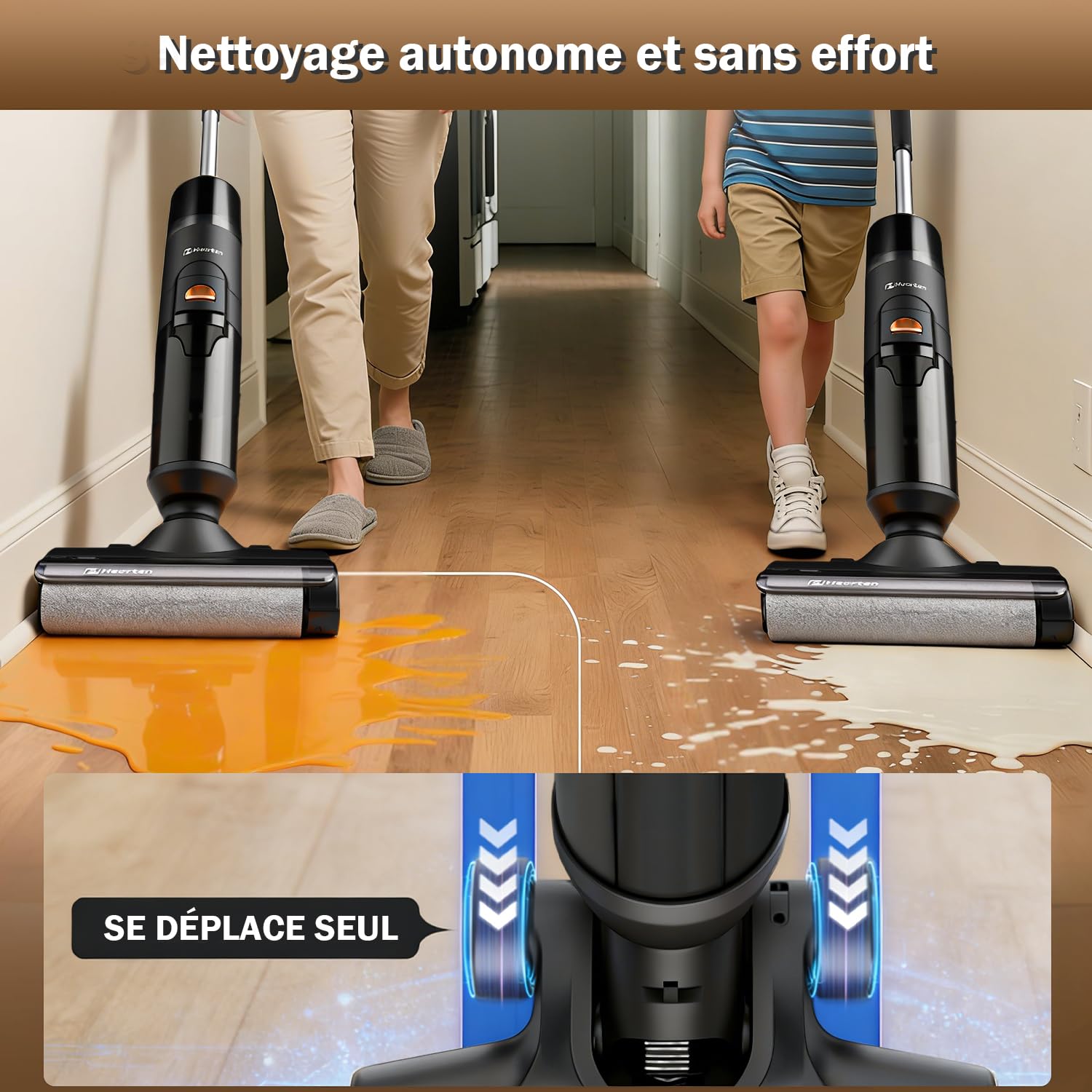 Hearten Aspirateur Laveur,Autonettoyant/Affichage à LED,sans Fil,Aspirateur et Laveur,Anti-enchevêtrement,pour sols durs et familles avec Animaux domestiques et Enfants