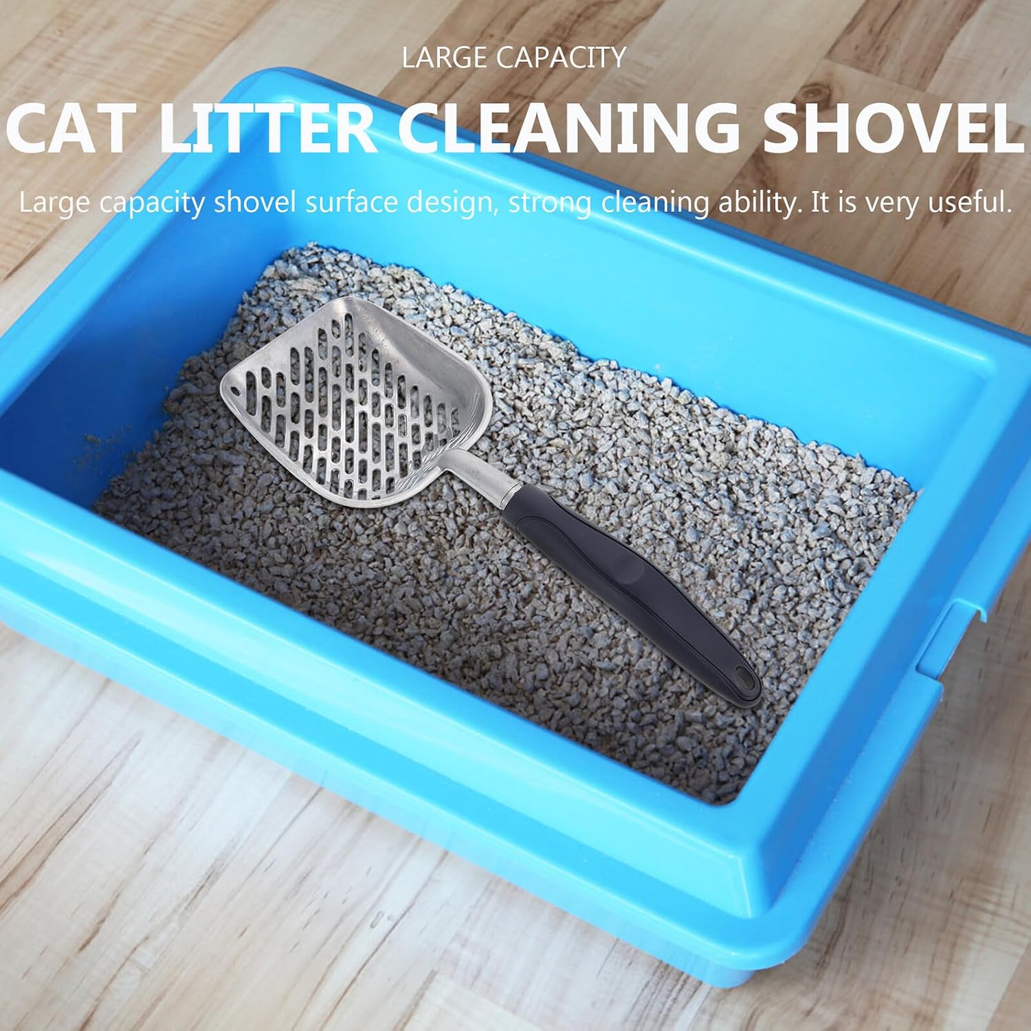 Toddmomy Aluminum Alloy Cat Litter Shovel with Long Handle, Large Hollow Sifter Scoop for Pet Poop Cleaning, Blue Metal Pet Litter Cleaning Tool for Household Cats and Dogs
