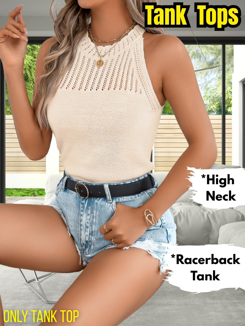 Women's Summer Knit Tank Tops, Racerback High Neck Lightweight Sweater Vest, Dressy Casual Outfits - Image 4