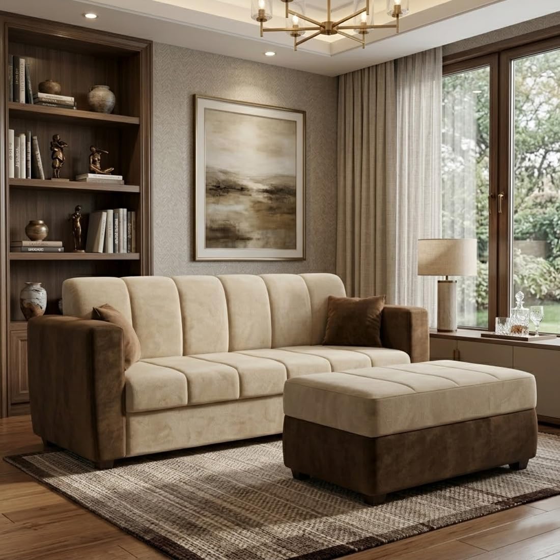 Alvaro Livewell 3 Seater Fabric Sofa Set with Ottoman, Space Saving Velvet Finish Couch for Living Room, Home & Office, Modern Upholstered Sofa - Cream & Dark Brown-image-34