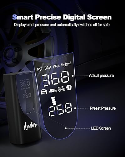 Miniatura 4 de Amitor Compresor de aire portátil para inflado de neumáticos 3 veces inflado rápido y batería de 7800 mAh Mini bomba inalámbrica máxima de 150 PSI