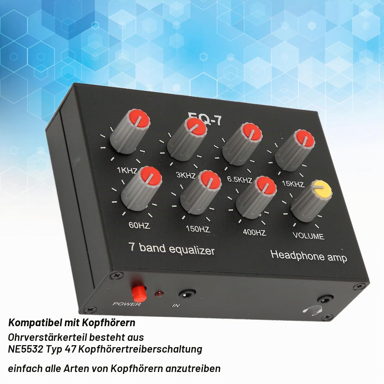 7-Band-Sound-Equalizer, 12-dB-Hochbasseinstellung, Digitaler Zweikanal-Audio-Equalizer mit Vorderem 3,5-mm-Auxiliary-Eingang, EQ-Ausgangseingang