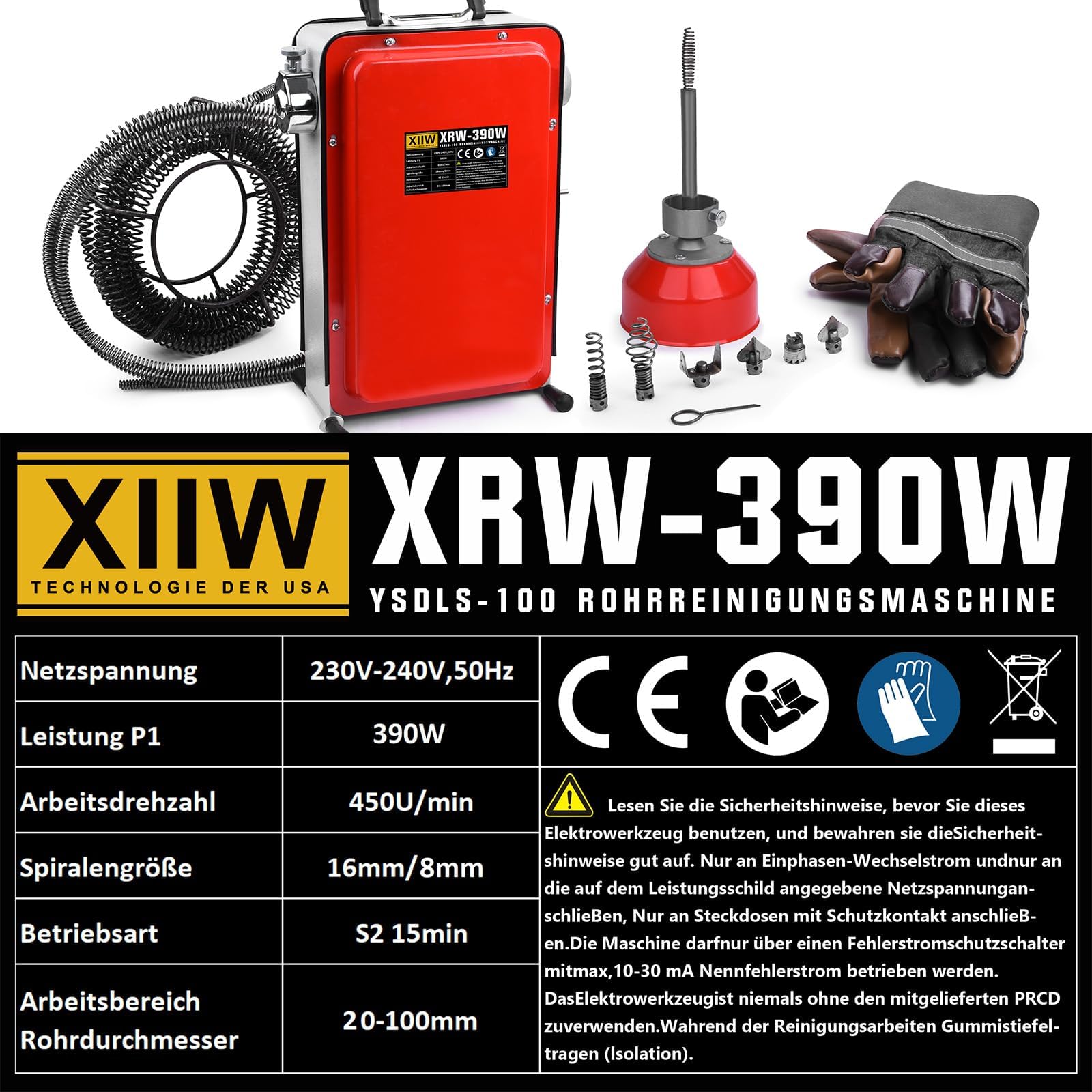 16mm 14,5M Spirale, 390W Elektrisch Rohrreinigungsmaschine für Ø20-100mm Rohrleitungen, Rohrreinigungsgerät 450U/min, Rohrreinigungsspirale Ø8mm 10M, Rohrreiniger Abflussreiniger Reinigung Drain Clean