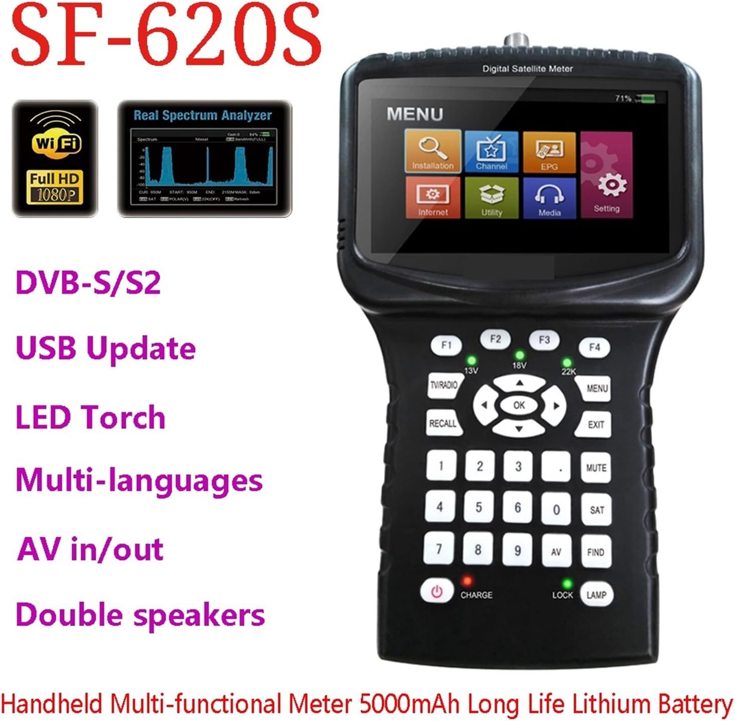 TV Signal Finder Meter, SF 620S Handheld DVB-S2 Satellite Finder Meter with 4.3 Inch LCD Support Spectrum Analyzer CS PowerVu CCTV Camera,for Adjusting Sat TV Dish(SF-620S WiFi)