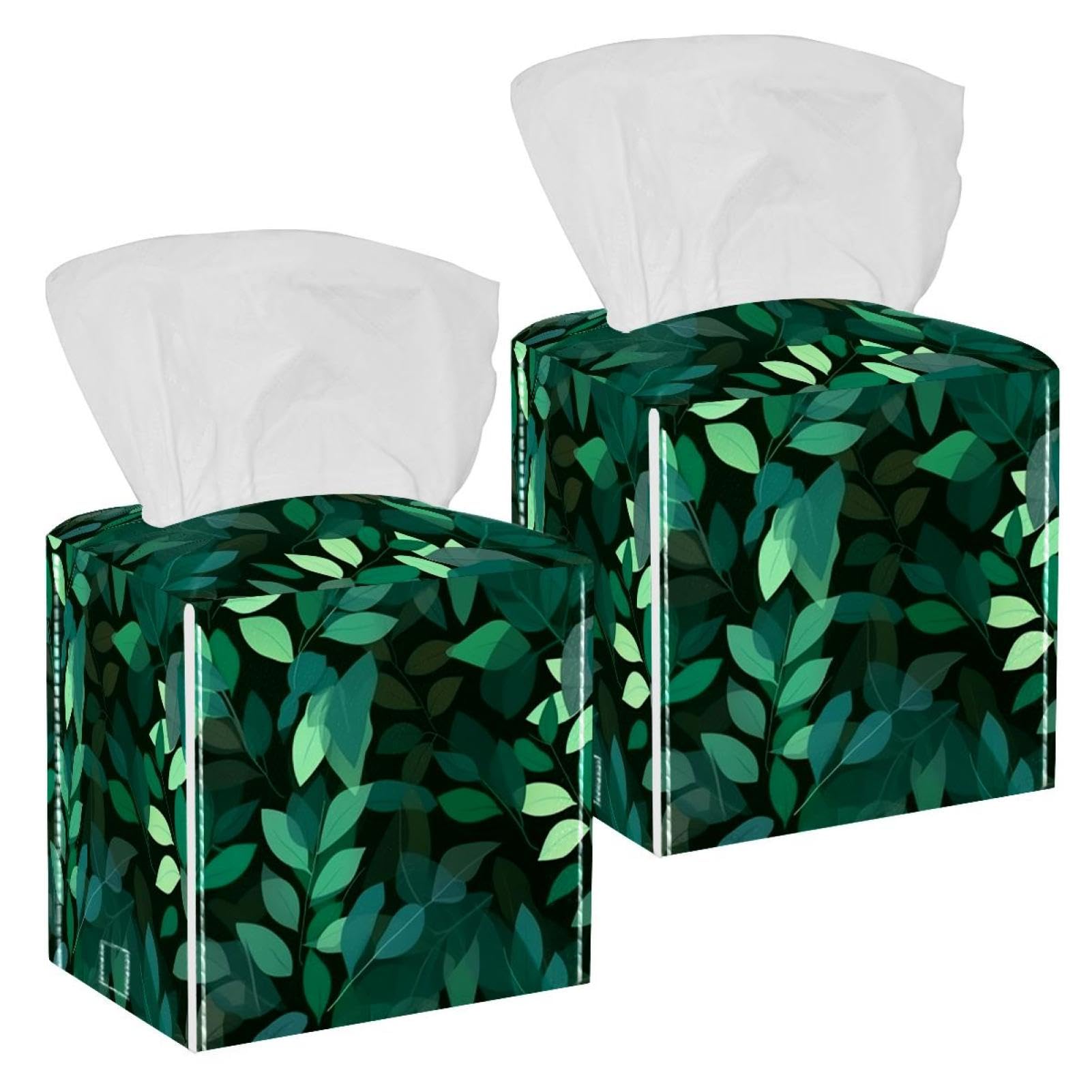 Artistic Leaves Tissue Box Cover, 2 Pack PU Leather Square Facial Tissue Dispenser Box holder for Home Office Car