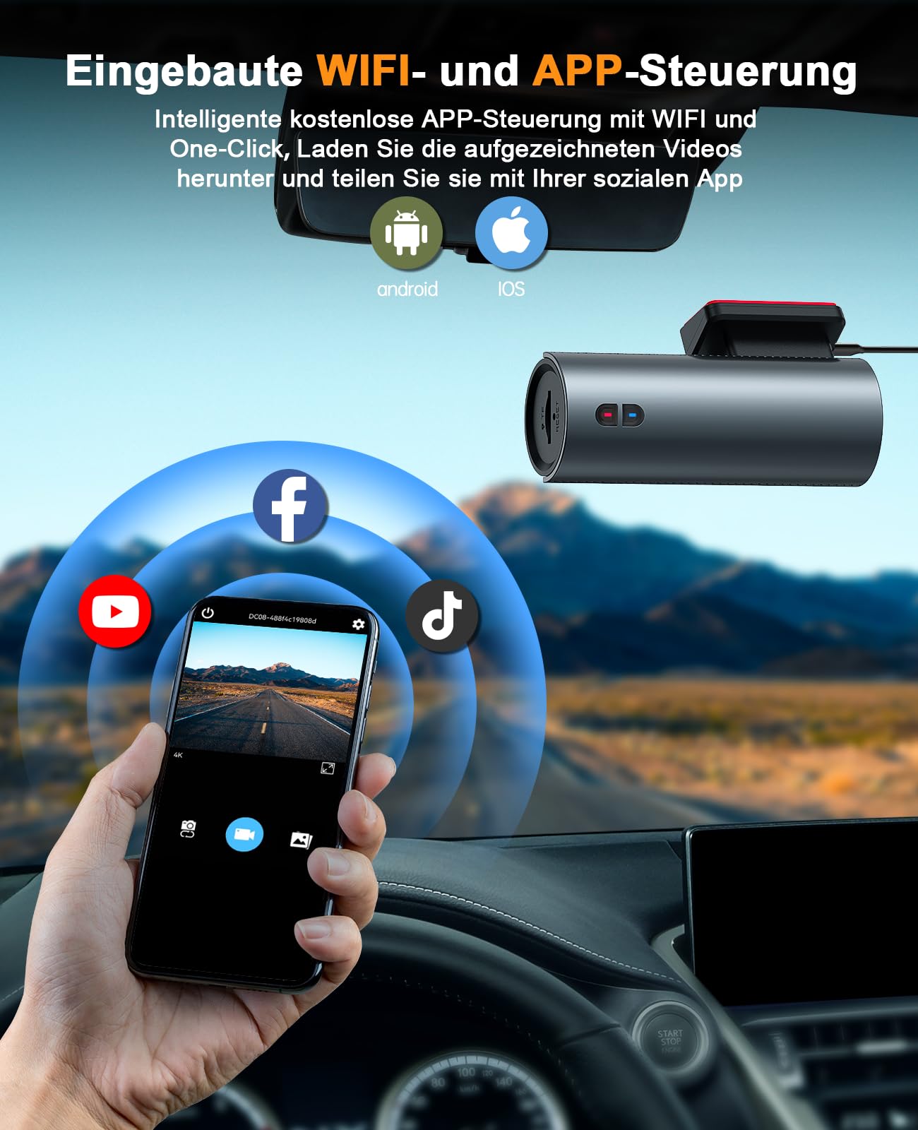LAMTTO Dashcam anteriore per auto, 4K, con scheda WiFi SD, WDR, visione notturna, sensore G | Mini dash cam 4K UHD con registrazione in loop, grandangolo di 170°