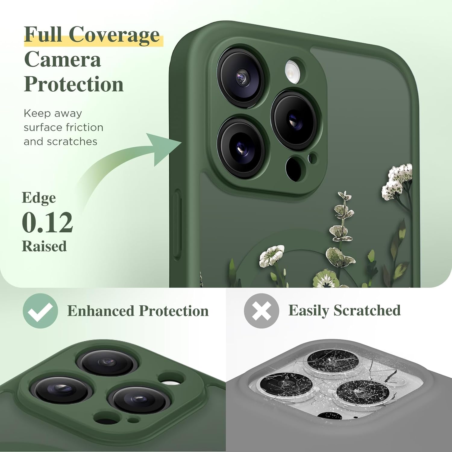 GVIEWIN for iPhone 16 Pro Case Compatible with MagSafe, [Military Grade Protection] [Screen Protector] Full Camera Protection Floral Translucent Women Magnetic Phone Case, Floratopia/Forest Green - Image 7