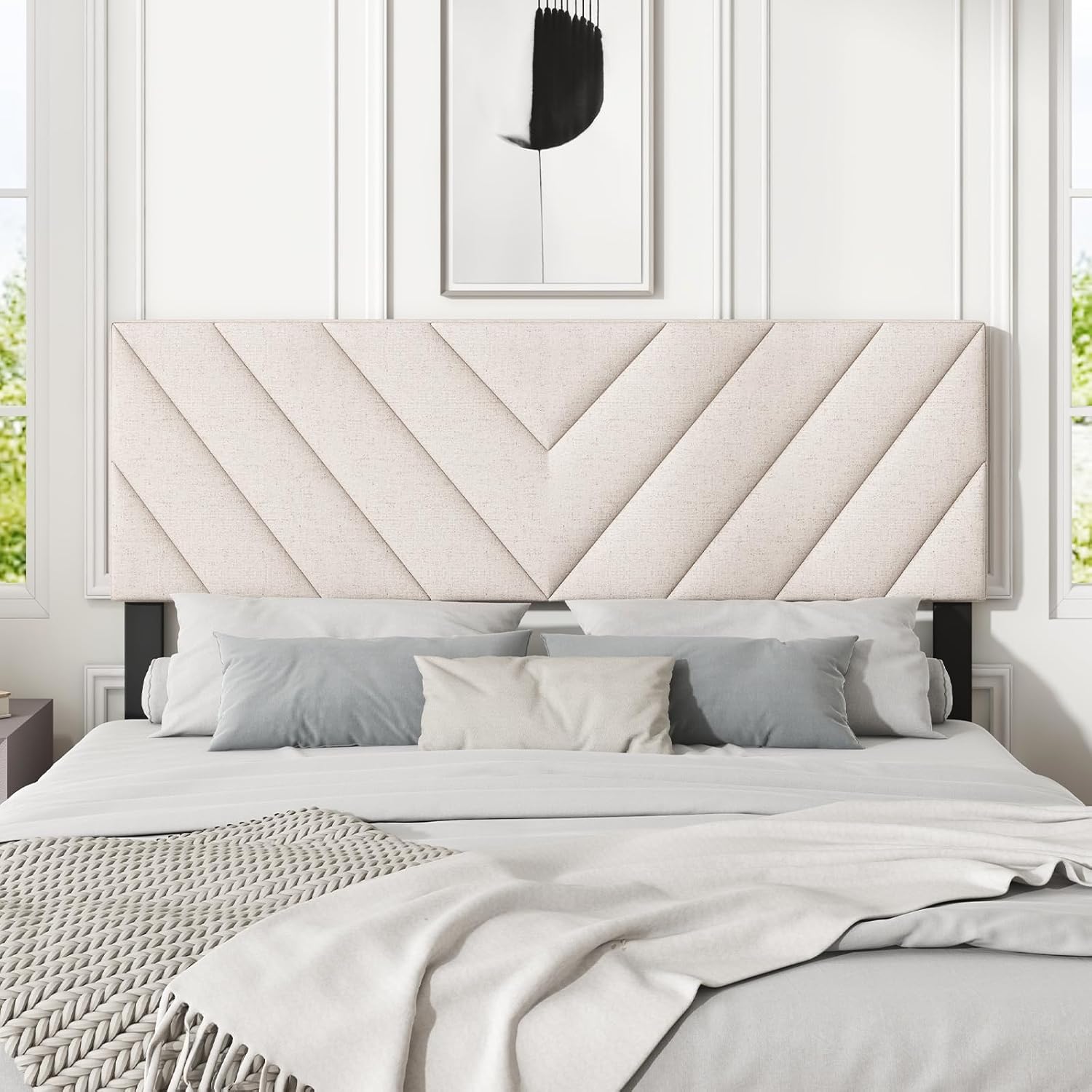 Giantex Linen Upholstered Headboard, Adjustable Width Button Tufted Headboard Only with Solid Wood Legs, Attach Frame, Rectangular Headboard for Queen Full Size Bed, Beige
