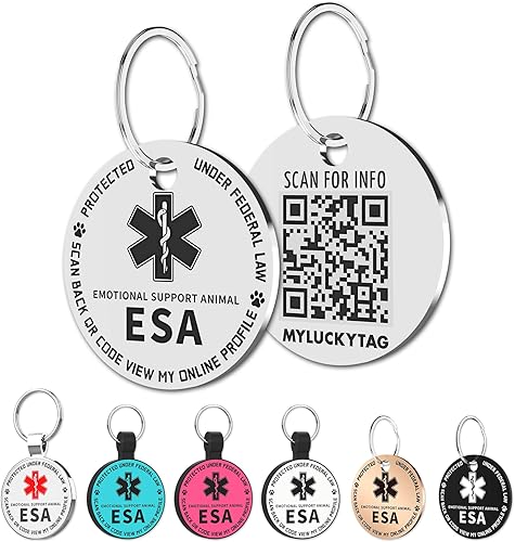 MYLUCKYTAG QR Code ESA Emotional Support Etiqueta de identificación para perros - Perfil en línea de mascotas - Escanear QR Recibir correo