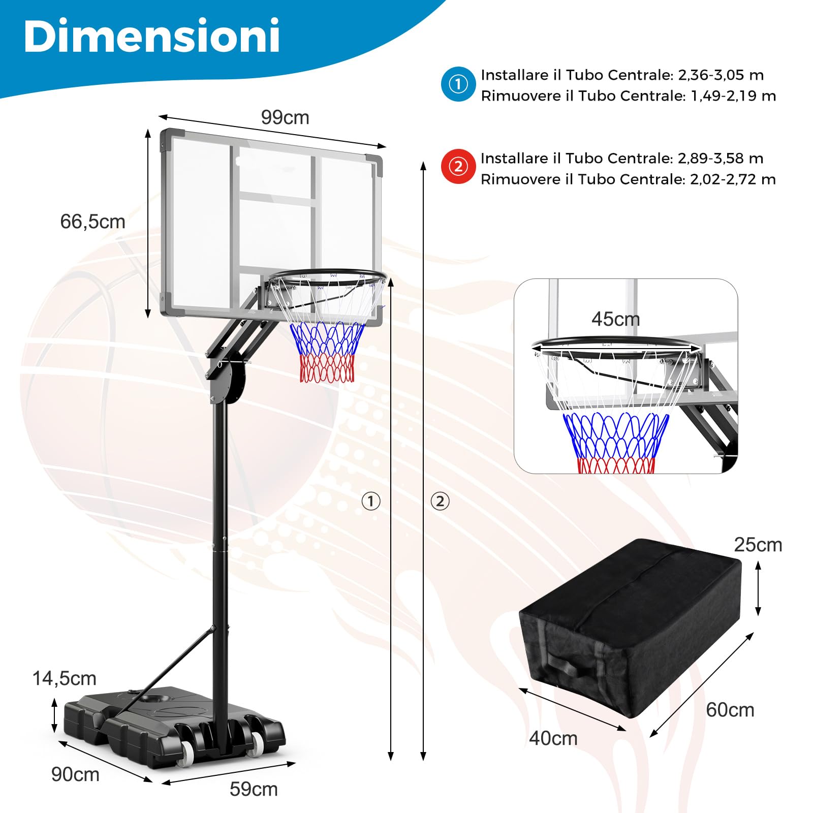 COSTWAY Canestro da Basket da Esterno per Adulti Professionale, Canestro da Basket Portatile e Regolabile 149-305 cm con Tabella Indistruttibile, 2 Ruote, Base Riempibile e Sacchetto di Pesi