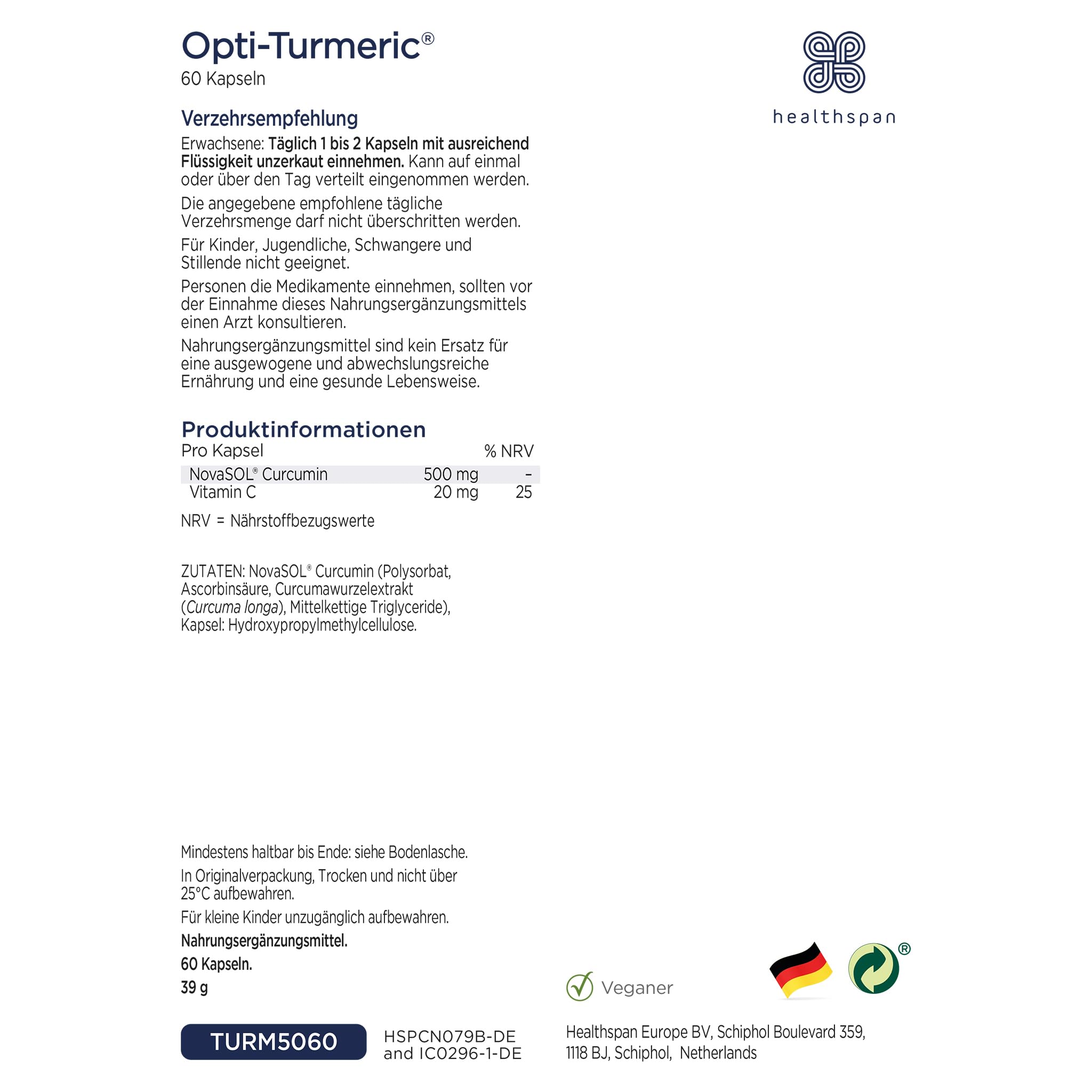 Healthspan Opti-Turmeric | hochfestes flüssiges Curcumin mit 500 mg | unterstützt Knorpelbildung | Superfood | 185-mal besser absorbiert und 7 mal schneller als Standard-Kurkuma | Vegan (60 Kapseln)