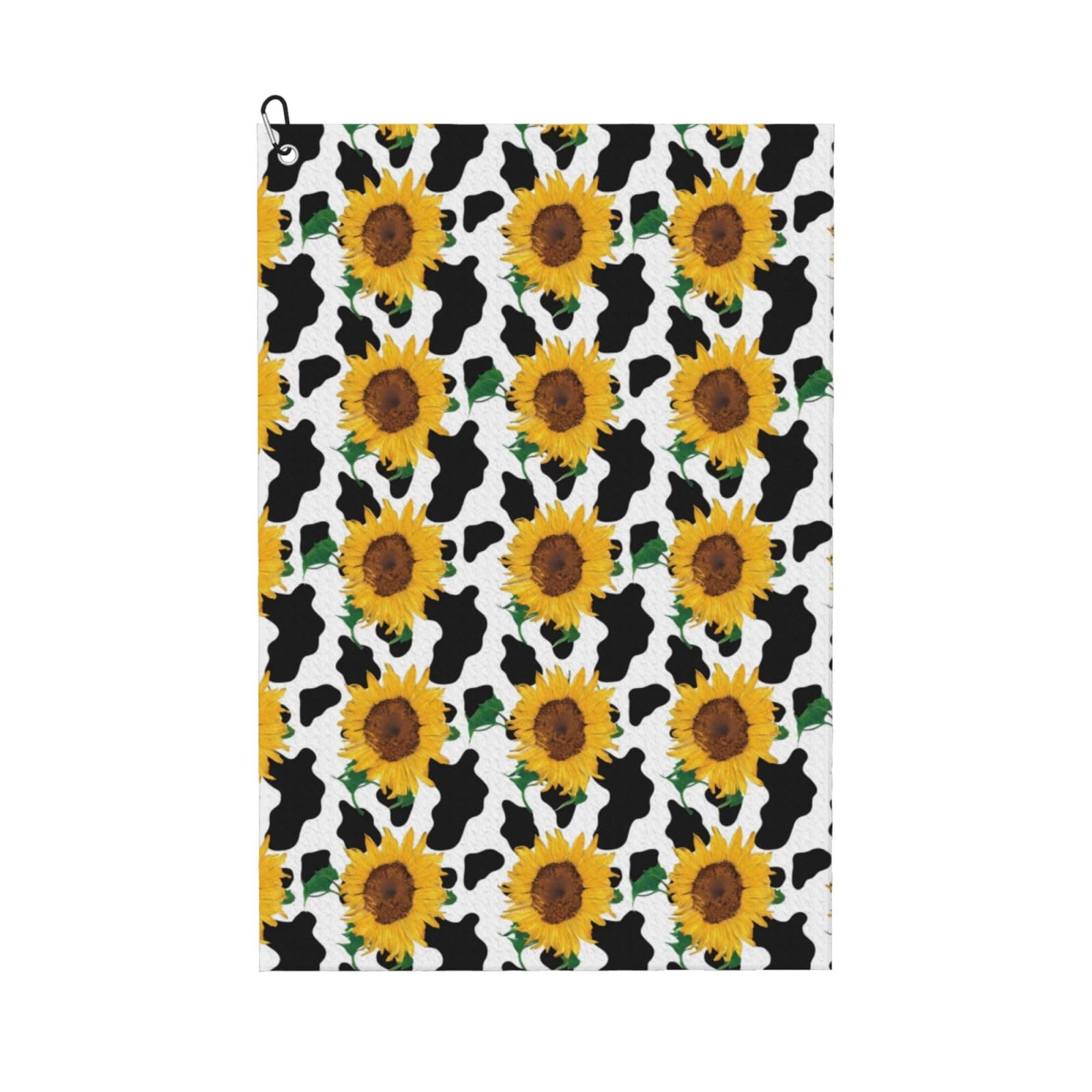 AOOEDM Cute Cow Print Sunflower Print Golf Towel with Carabiner Clip Absorbent Microfiber Golf Towel for Cleaning Golf Ball Club Putter Iron for Golf Bag Trolly Belt Loop 16" X 24"