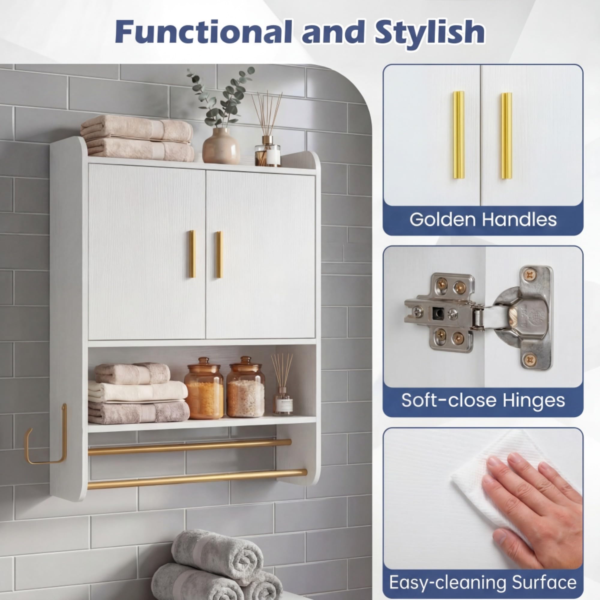 LIFEZEAL Mobile Bagno a Parete, Pensile Bagno Sospeso con Ripiano Regolabile, Scomparto Aperto, 2 Portasciugamani e Gancio Laterale, Mobile Cucina Salvaspazio per Ingresso, 55 x 20 x 80 cm (Bianco)