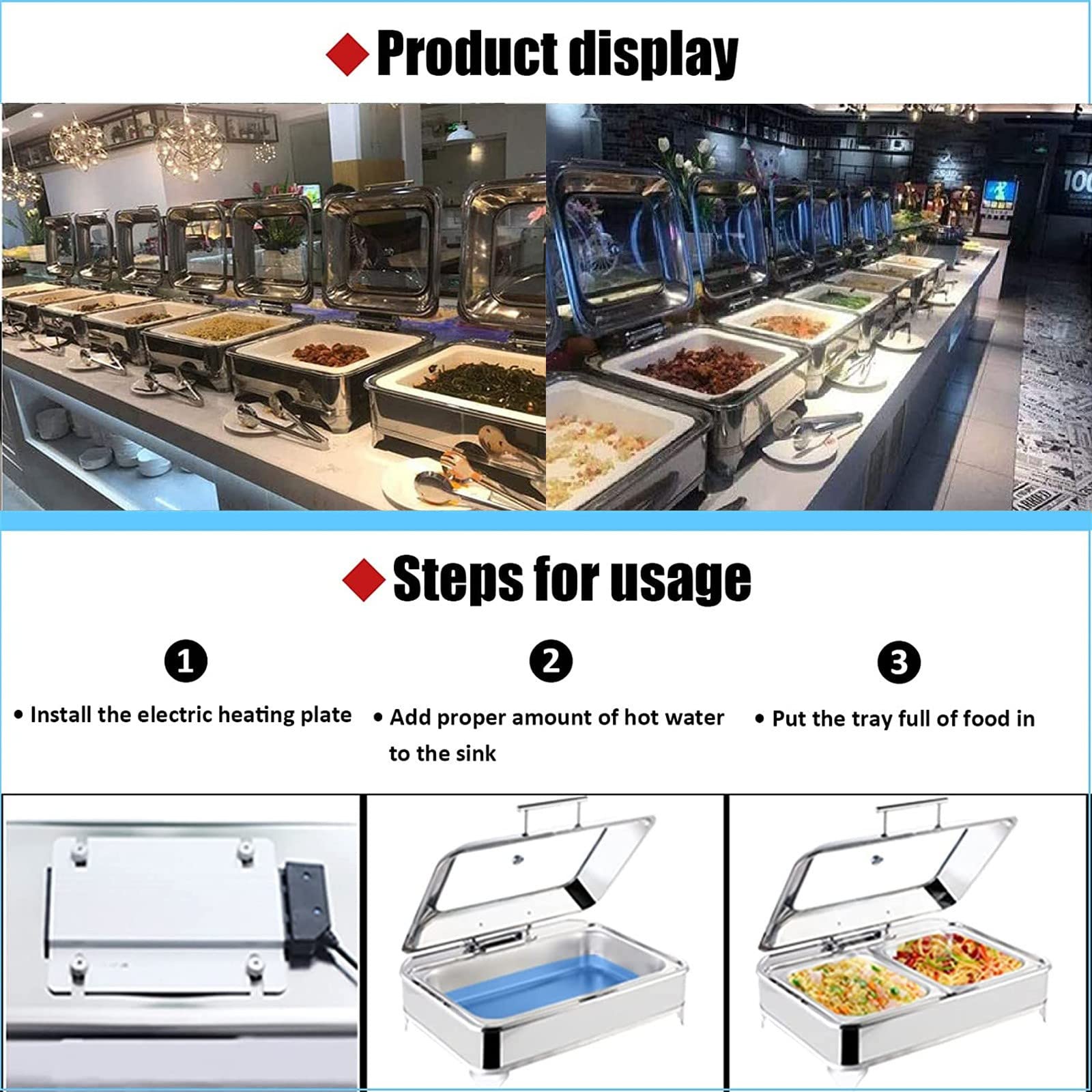 Scaldavivande Professionale a Buffet Per Piatti a Buffet, Chafing Dish Scaldavivande Elettrico Acciaio Inox,Server a Buffet Rettangolare Catering Warmer,Coperchio Visibile in Vetro,Rimovibile-9l(Size: