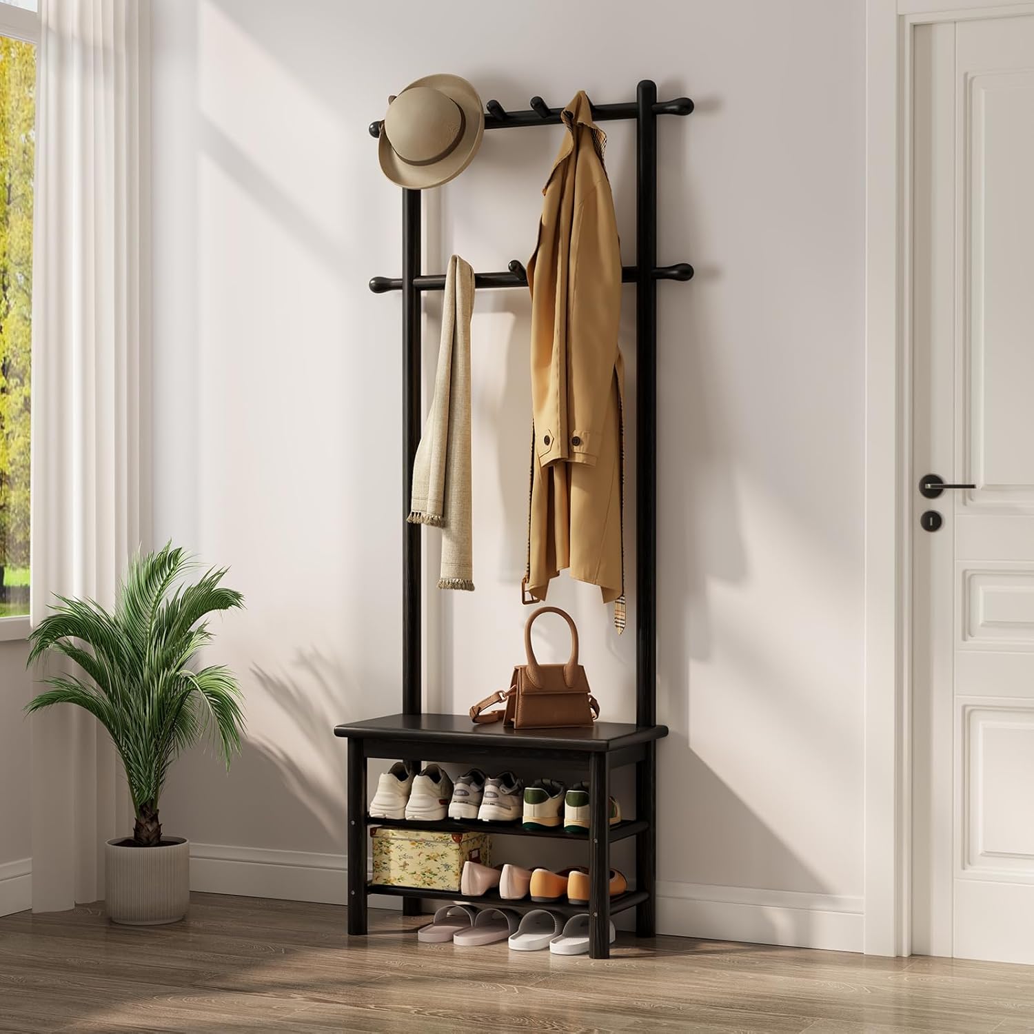 AQIMUELE Coat Rack with Shoe Storage, Narrow Wooden Hall Tree with Bench, 11 Hooks and 2-Tier Storage Shelves, 3-in-1, Entryway Bench with Coat Rack (23.6"-Black) 23.6" Black