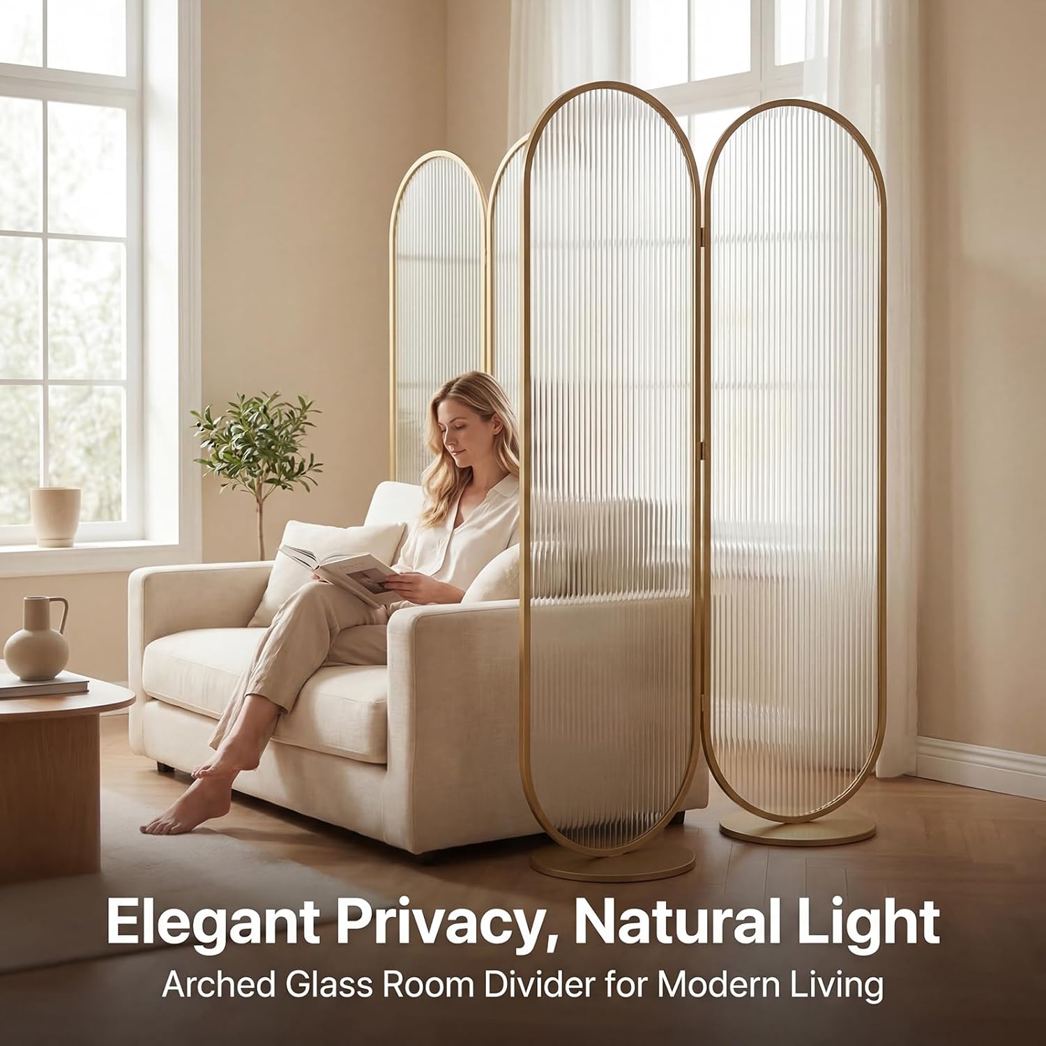 Modern Arched Glass Room Divider,folding Ribbed Glass Privacy Screen,freestanding Room Partition With Metal Stand,decorative Wall Dividers For Home Office Bedroom(17.7"W x 70.8"H, Gold 3 Panels)