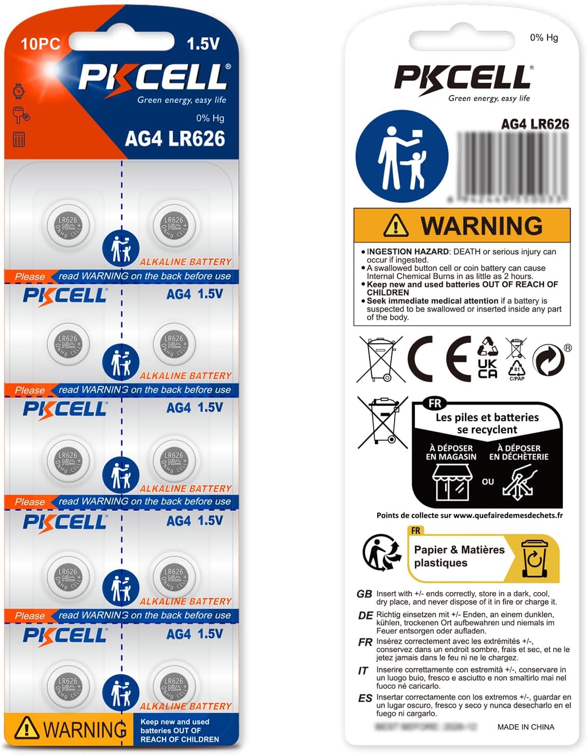 PKCELL AG4 LR626 battery packaging showing safety warnings and recycling symbols.