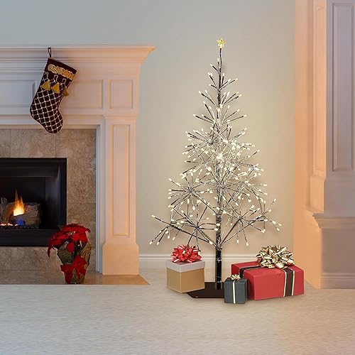 Alpine Corporation 53" Tall Artificial Christmas Tree with 380 Warm White LED Lights, Indoor/Outdoor Holiday Decoration with Flashing Lights for Porch or Lawn, Silver