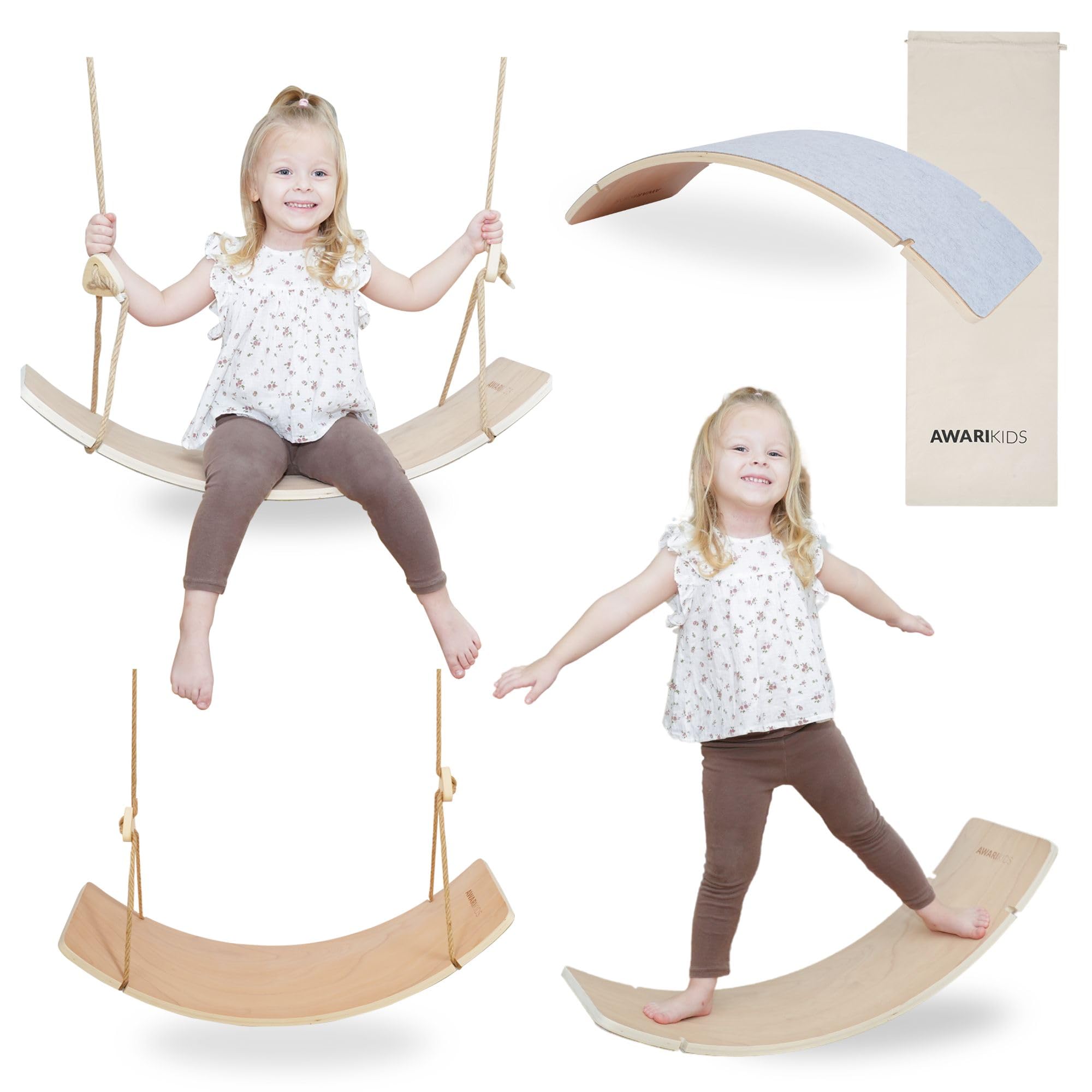 SUBTLETY 2-in-1 Wackelbrett Für Kinder - Balancierbrett Mit Schaukel-Seil, 100kg Belastbar