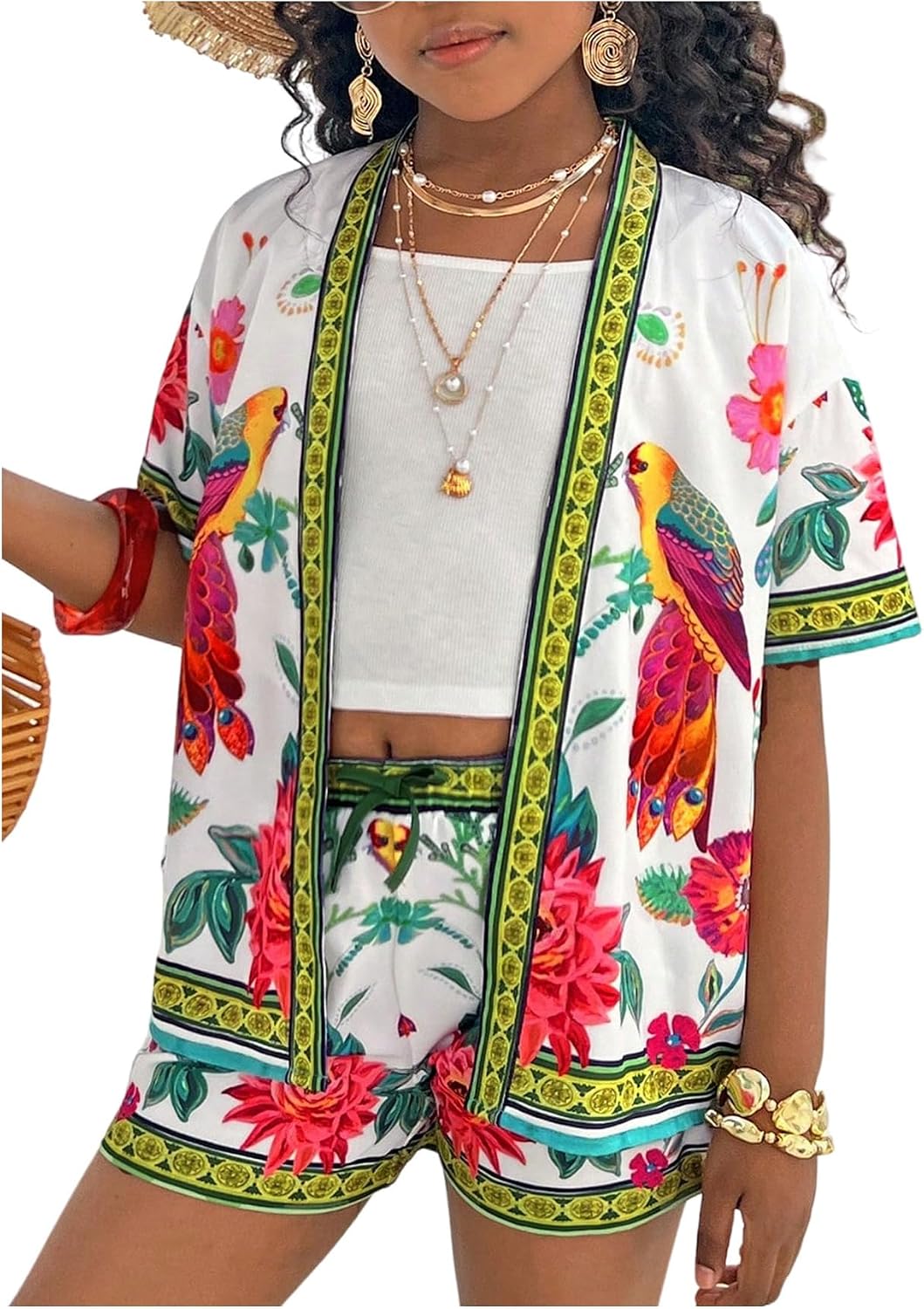 MakeMeChic Girl's Boho Vacation 2 Piece Set Open Front Kimono and Shorts Set