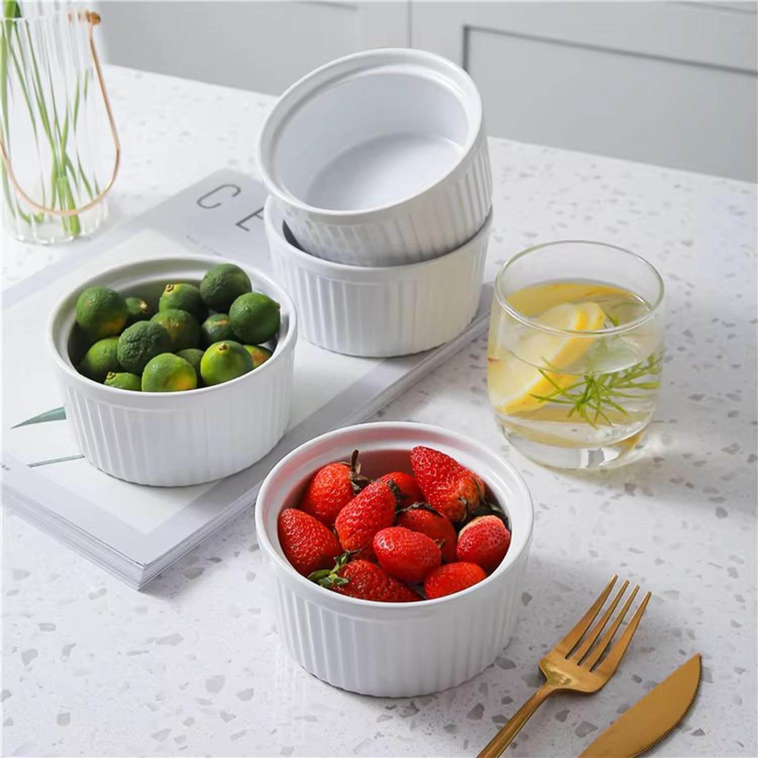 Porcelanowe ramekiny z pokrywkami, nadają się do piekarnika i zmywarki, eleganckie białe ceramiczne naczynia do pieczenia, do kremów brulee, sufletów, sosów, deserów, 6 szt