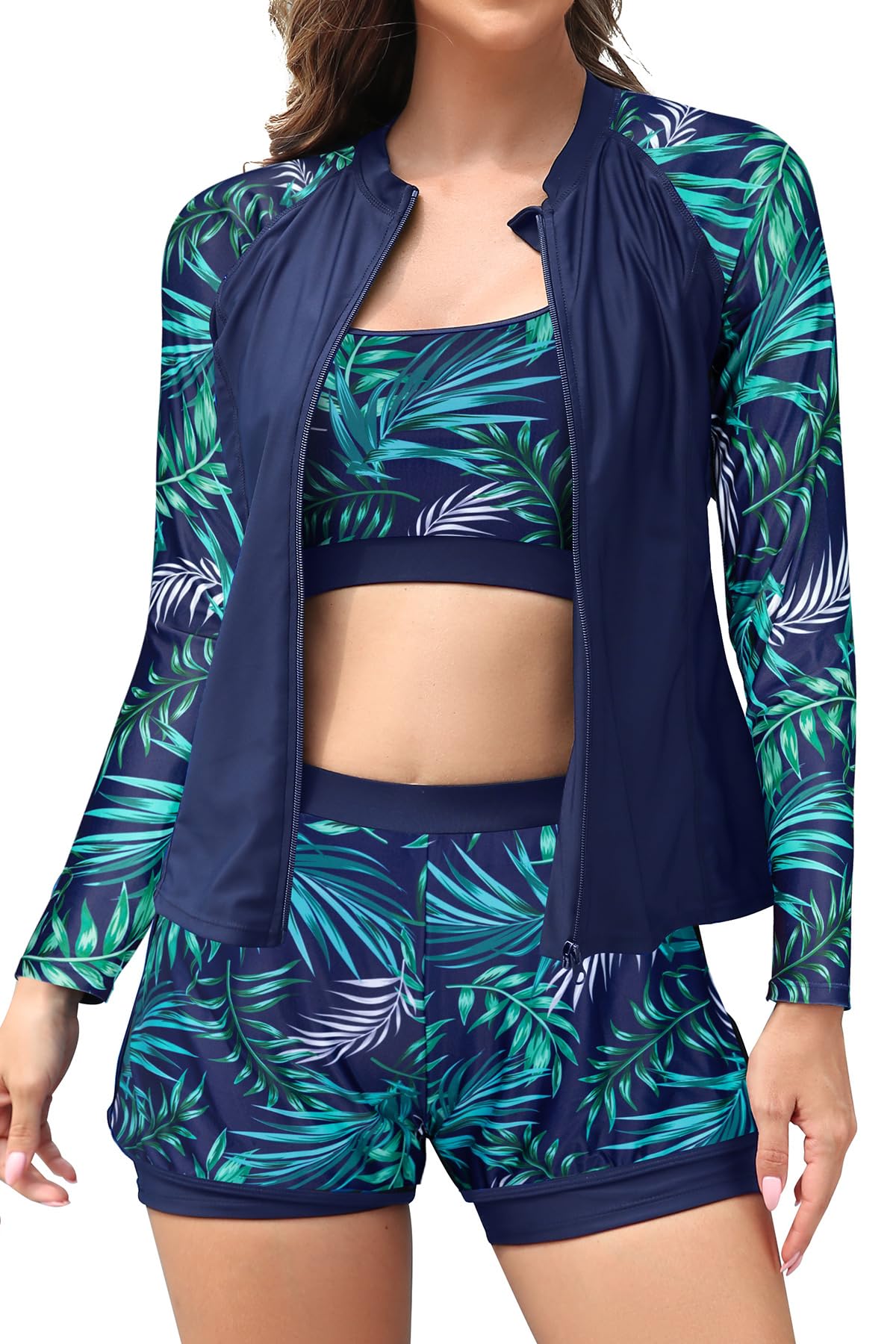 SHEKINI Mujeres 3 piezas cremallera Rash Guard trajes de baño con tanque bikini top para cintura alta Boyshort