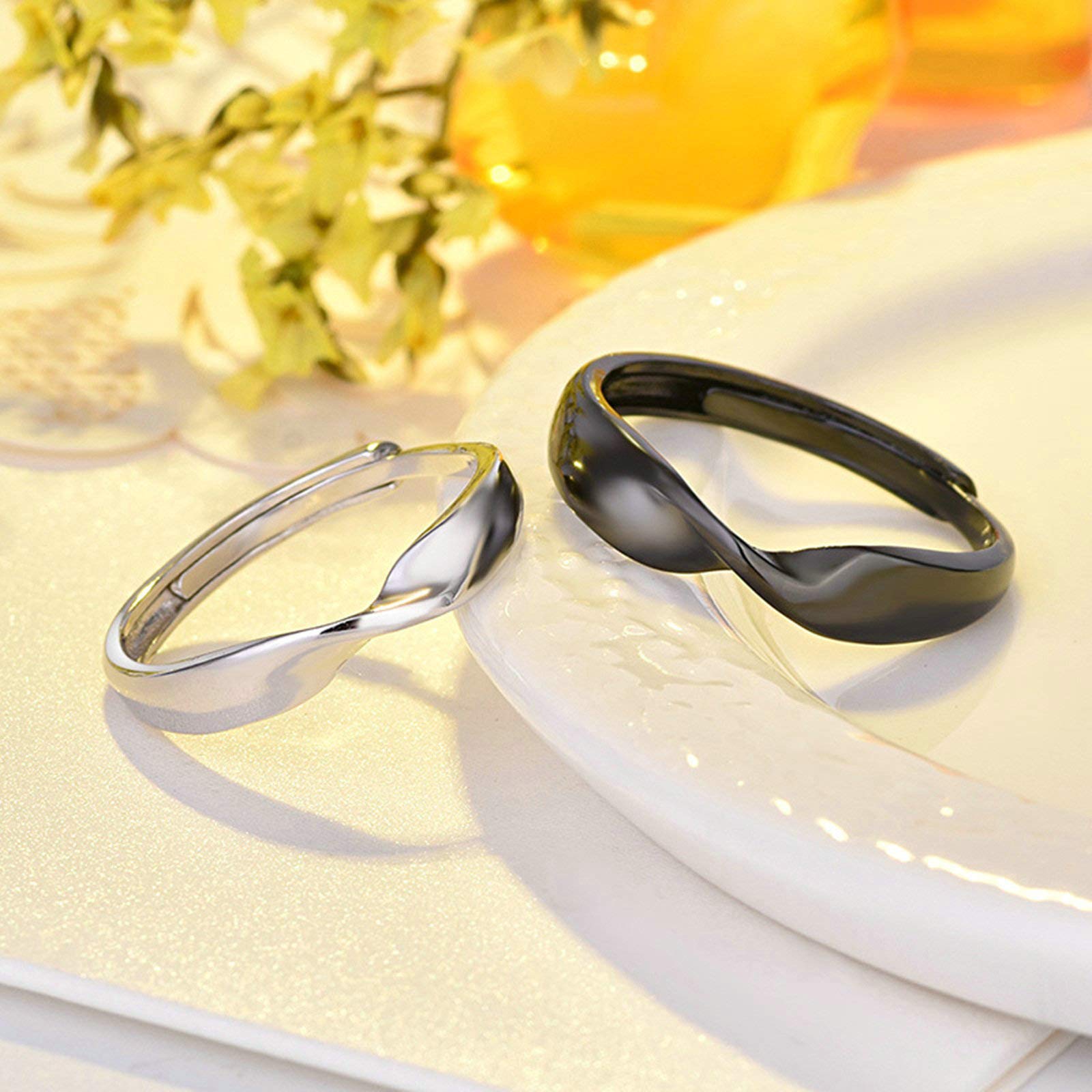 WBDWWTD Ringe-Sets für Sie und Ihn in Schwarz, passende Ringe für Paare, individueller 925er-Sterlingsilber, Verstellbarer schwarzer Mobius-Ring aus Silber
