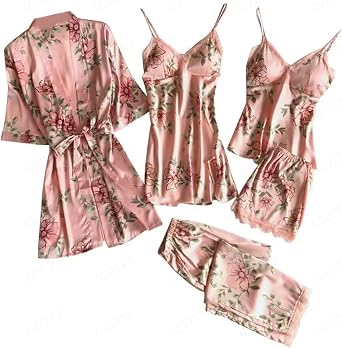 Sexy Pajama Womens 5 Piece Set Satin Sleepwear Lace Trim Floral Silk PJ Lounge Sets Robes Cami Nightgown Shorts Pants
