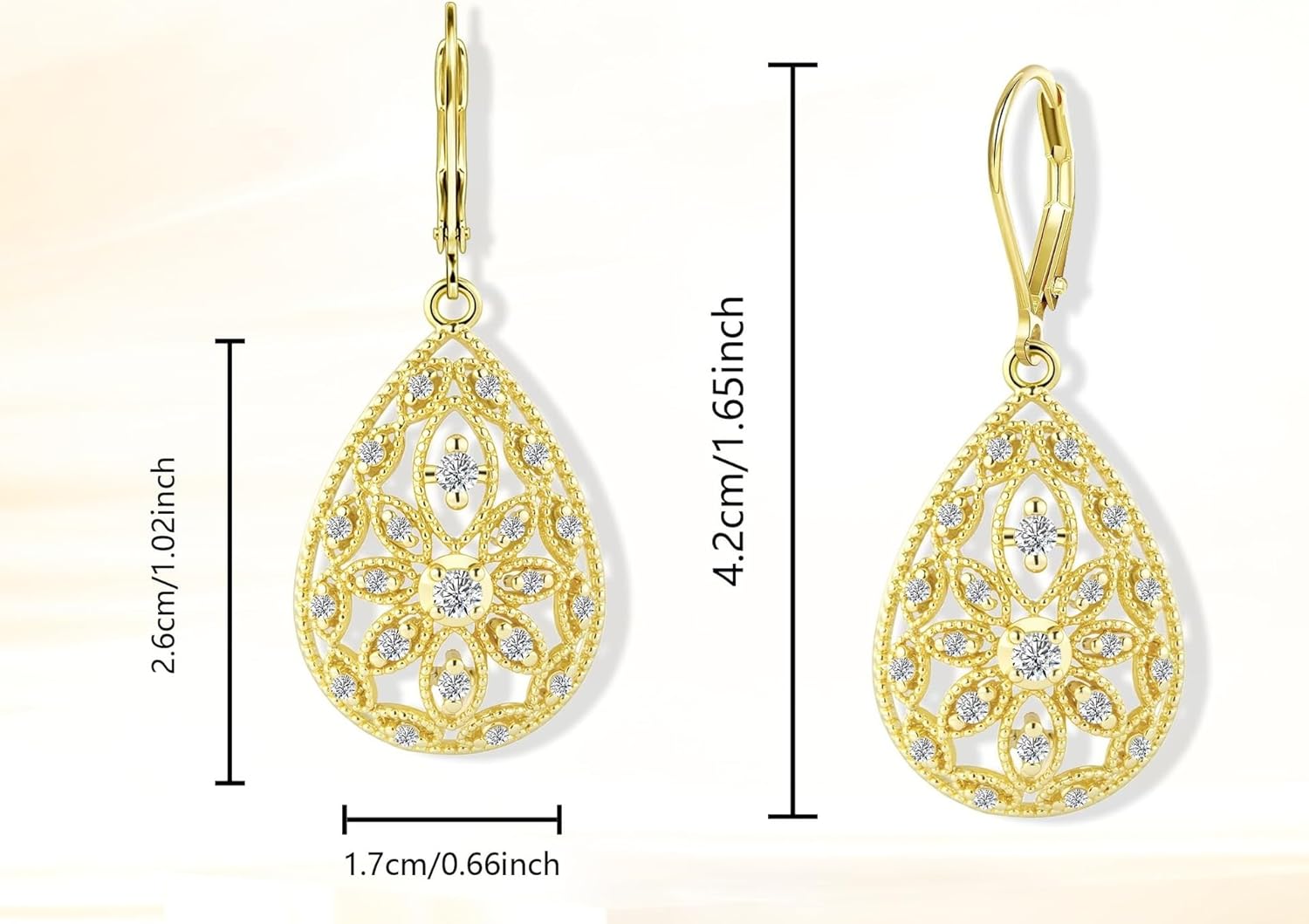 925 Sterling Silver Teardrop Earrings for Women, Cubic Zirconia Leverback Dangle Earrings, Hypoallergenic Filigree Drop Earrings, Elegant Jewelry for Women Gifts - Image 4