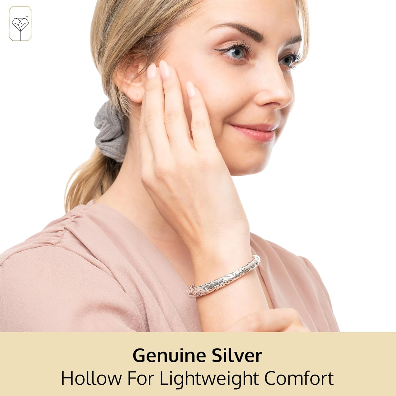 MAX + STONE Lightweight Hollow 925 Sterling Silver Bangle Bracelet for Women | 7 Inch Silver Bracelets with Hinged Clasp | Anti-tarnishing Hypoallergenic Silver Bangles for Women - Image 3