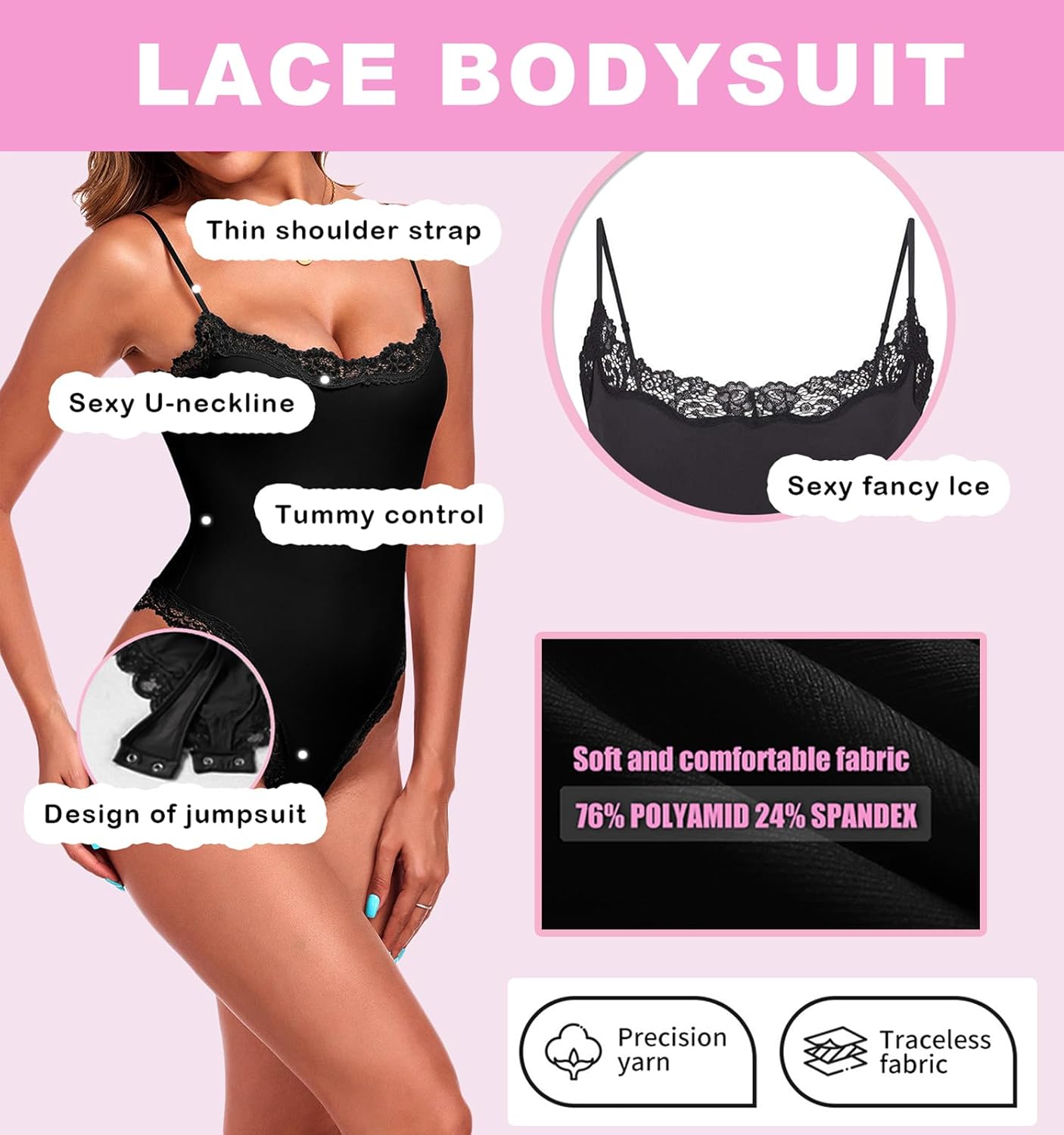 GUXIMIAR Women’s Lace Body Suits Square Neck BodySuit Sexy Backless Thong Cami bodysuit Spaghetti Strap Going Out Tops - Image 4