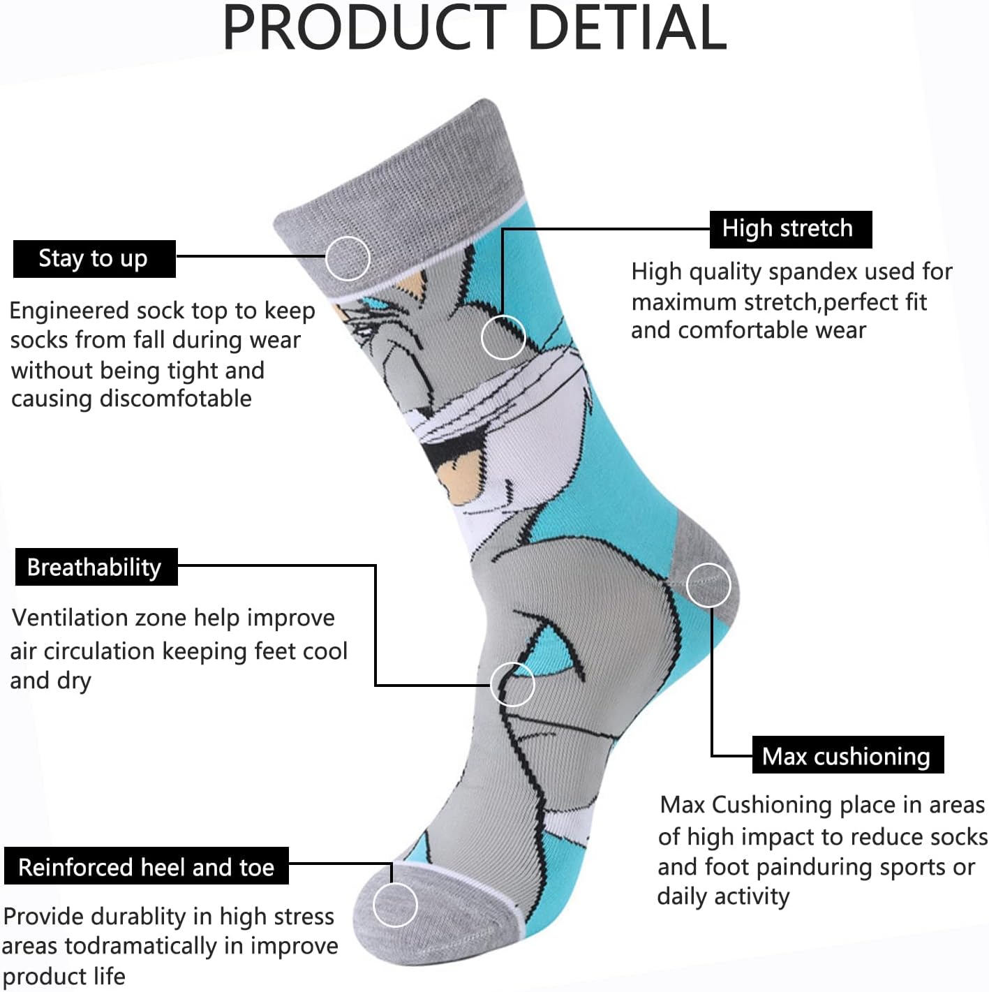 5 Pairs Funny Socks-Classic Cartoon Character Patterned Dress Socks for Adults Teens,Size 9-12 - Image 2