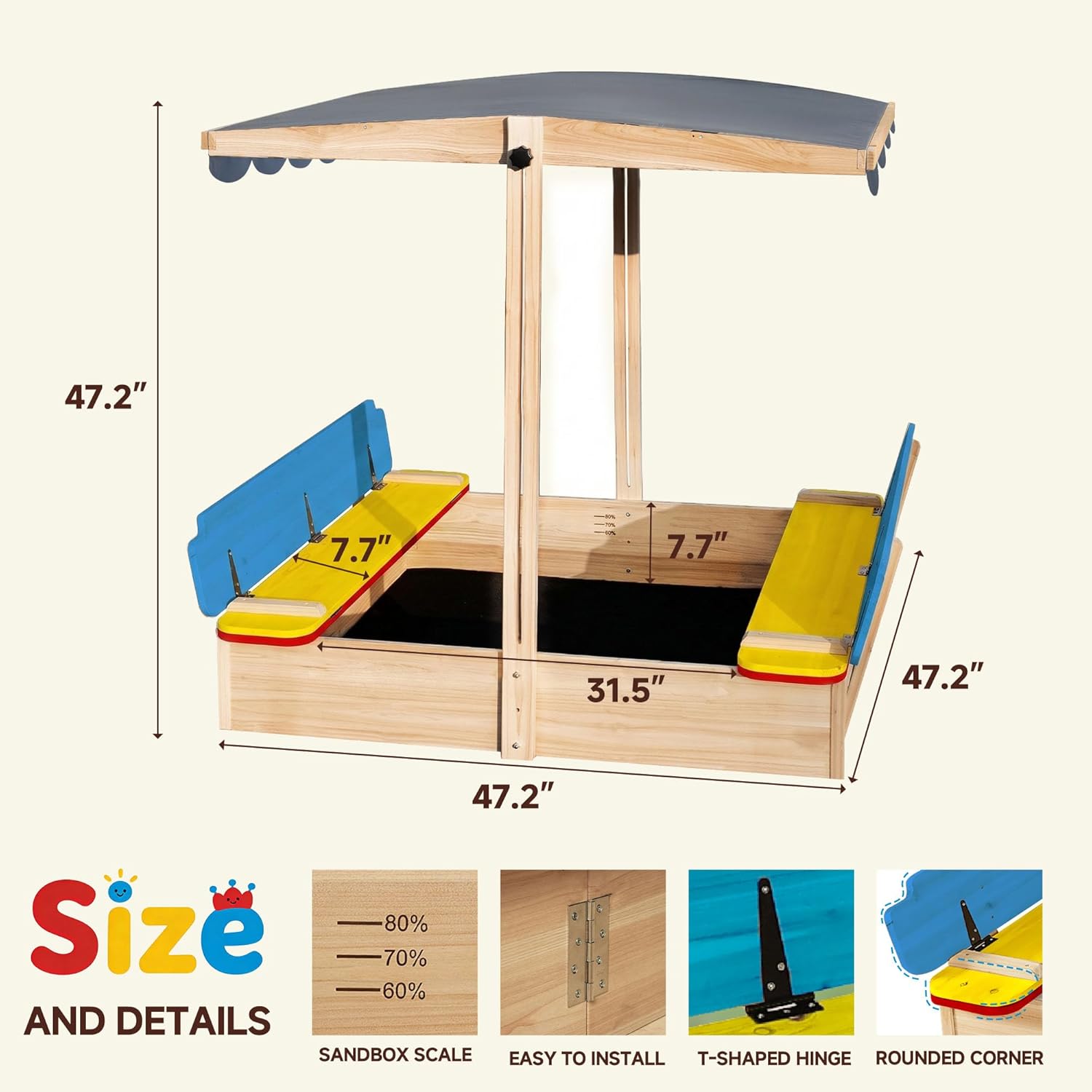 Wooden Sandbox with Cover Lid Adjustable Canopy Foldable Bench Seat Bottom Liner Large Sand Pit Aged 3-12 Outdoor 48x48 Inch Sand Box for Patio Garden Backyard Multicoloured