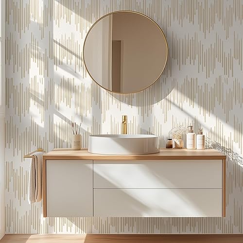 Miniatura 5 de WENMER Papel tapiz a rayas beige, papel tapiz geométrico para despegar y pegar, papel de contacto dorado de 17.7 x 118 pulgadas, papel de pared