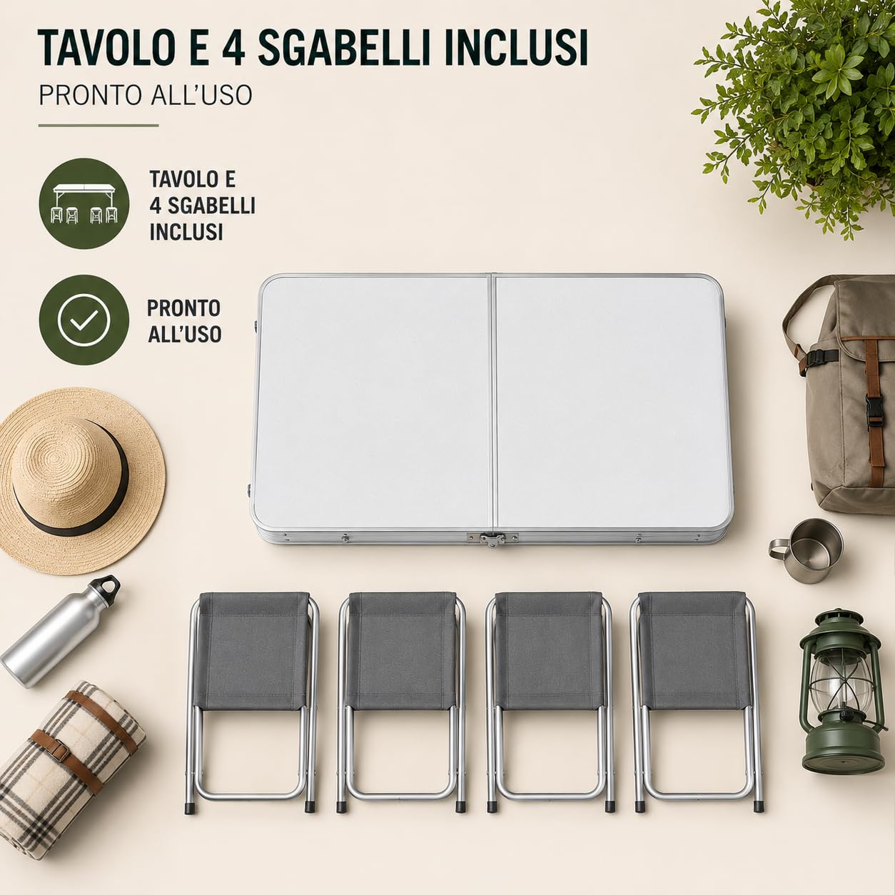 Generico Tavolo Campeggio Pieghevole con 4 Sgabelli Inclusi, Set Tavolino Pic Nic in Alluminio 120x60x70 cm, Tavolo Portatile Richiudibile per Mare Giardino Campeggio e Outdoor
