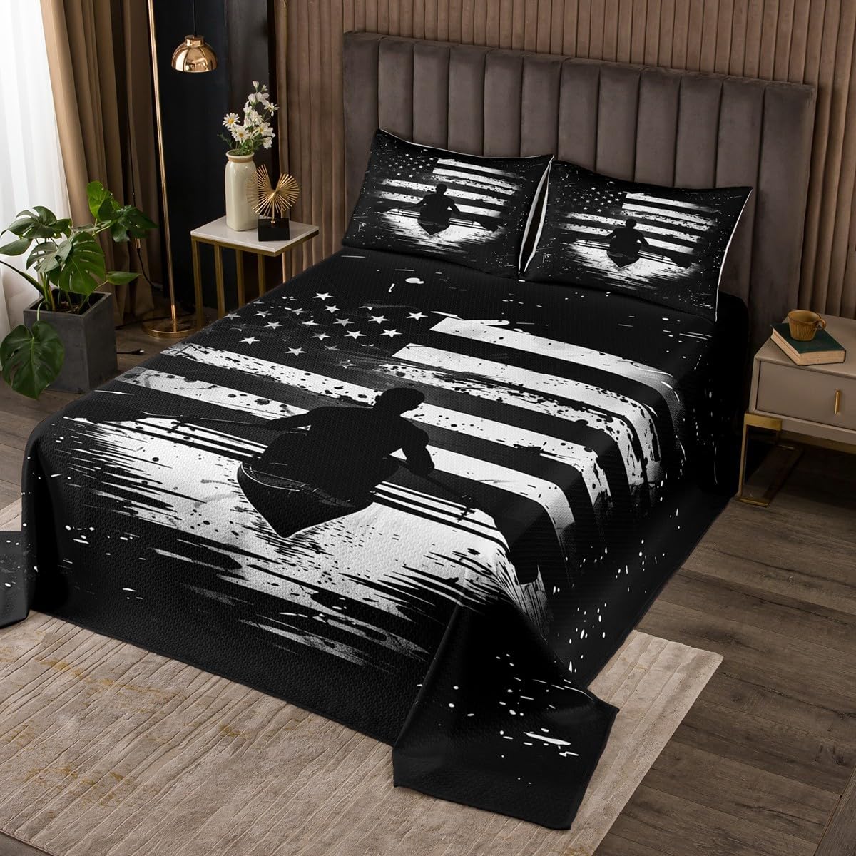 Erosebridal Ice Hockey Quilted Queen Sports Games Bedspread for Kids Teens Adults Hockey Player Snow Winter Blue White Black Quilted Coverlet Luxury Soft Coverlet Set