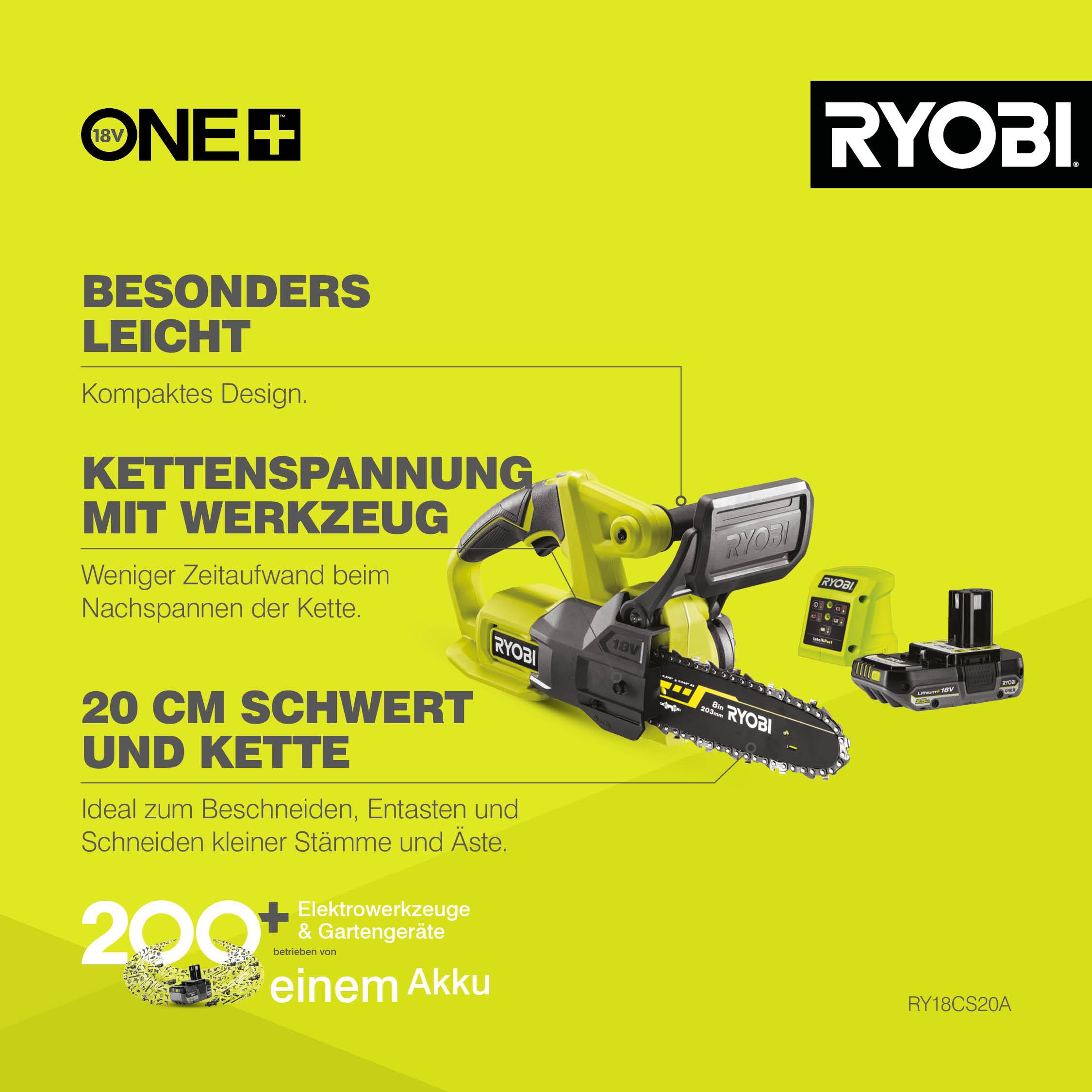 RYOBI 18 V ONE+ Akku-Kettensäge RY18CS20A-125 (Schwertlänge 20 cm, inkl. 1 x 2,5Ah Akku und Ladegerät im Karton)