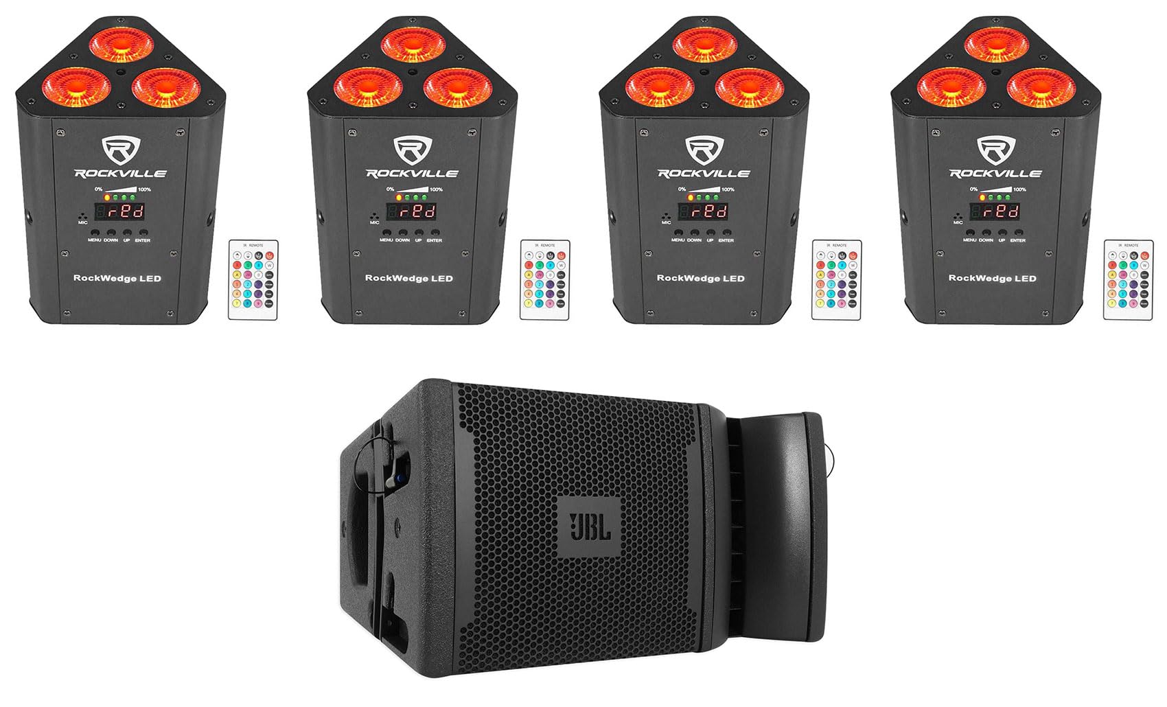 Audiosavings Bundle: (4) Rockville RockWedge LED 54w RGBWA+UV Rechargeable Battery Wireless DMX Par Light Bundle with (1) JBL VRX928LA 8