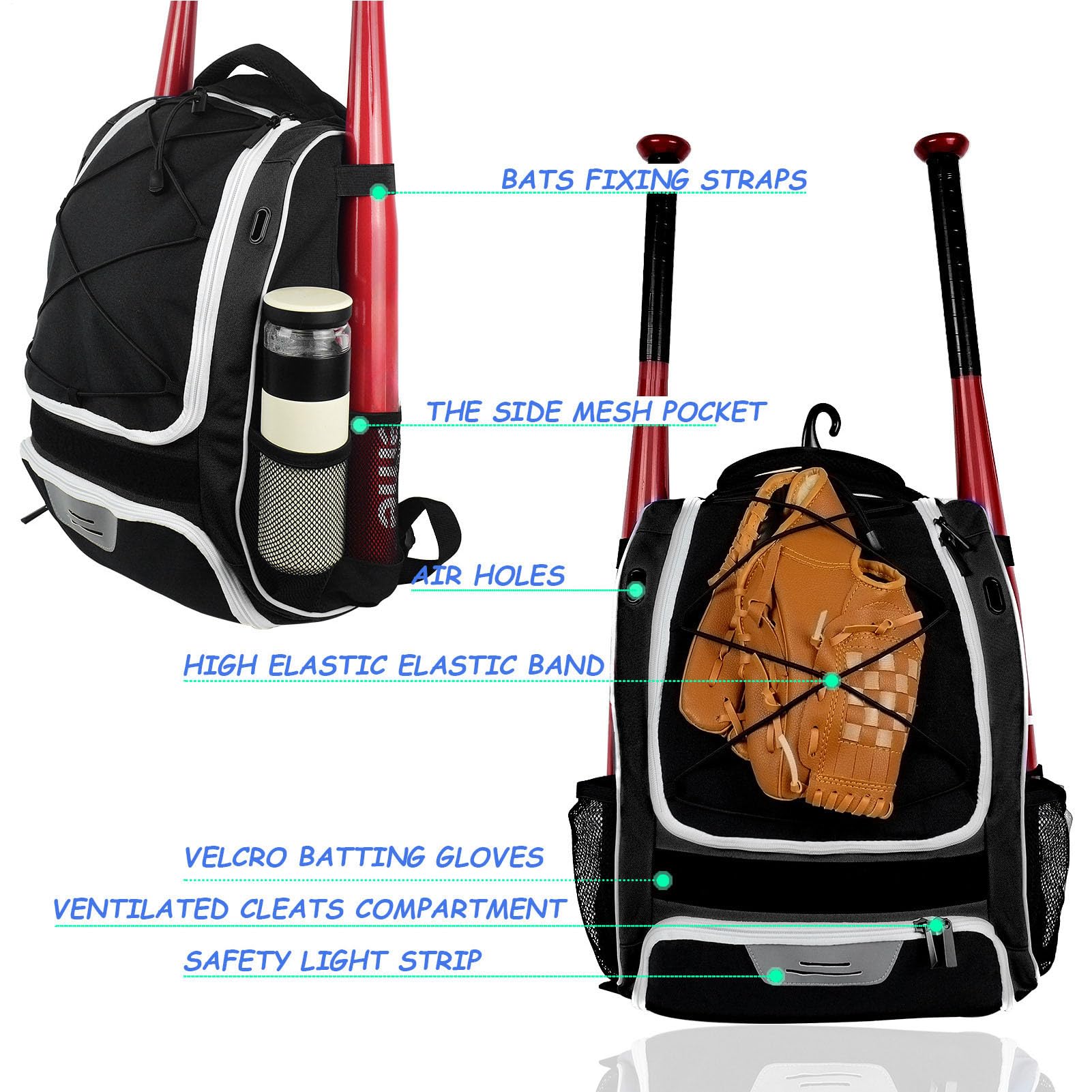 Baseball-Ausrüstungstasche, Baseball-Tasche - Jugend-Baseballtasche für | Jugend-Baseball-Rucksack, Ausrüstungstasche, wasserdicht, reißfest, großes Hauptfach, für Schläger, Handschuhhalter, Helme, Sc