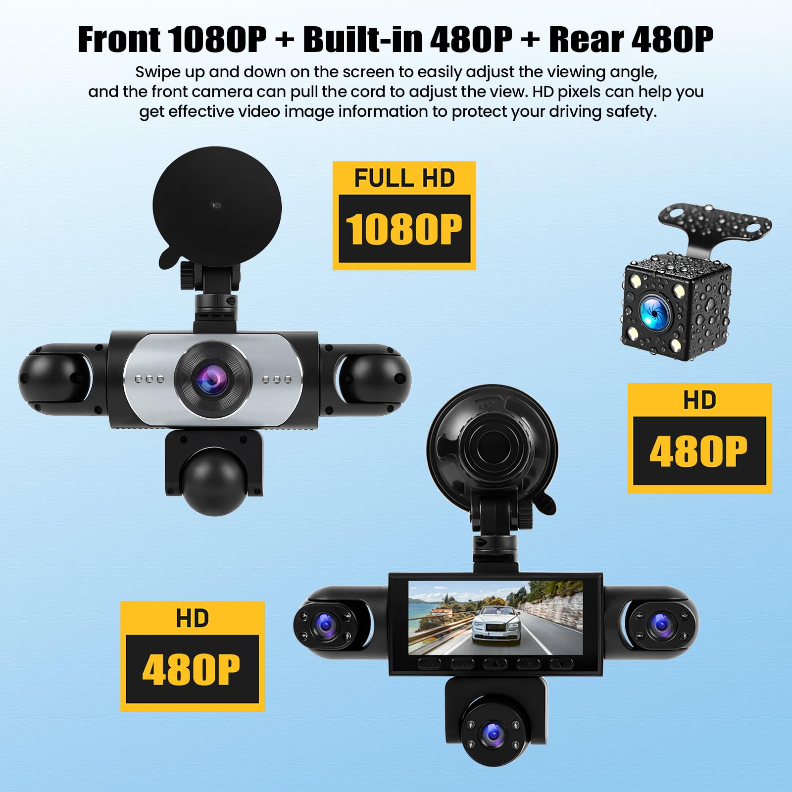 OiLiehu 5 Canales Cámara para Salpicadero 3,16" para Coches, Resolución 1080P + 480P, Cinco Lentes con Grabación en Bucle, G-Sensor, Visión Nocturna, Asistencia Aparcamiento,Detección de Movimiento