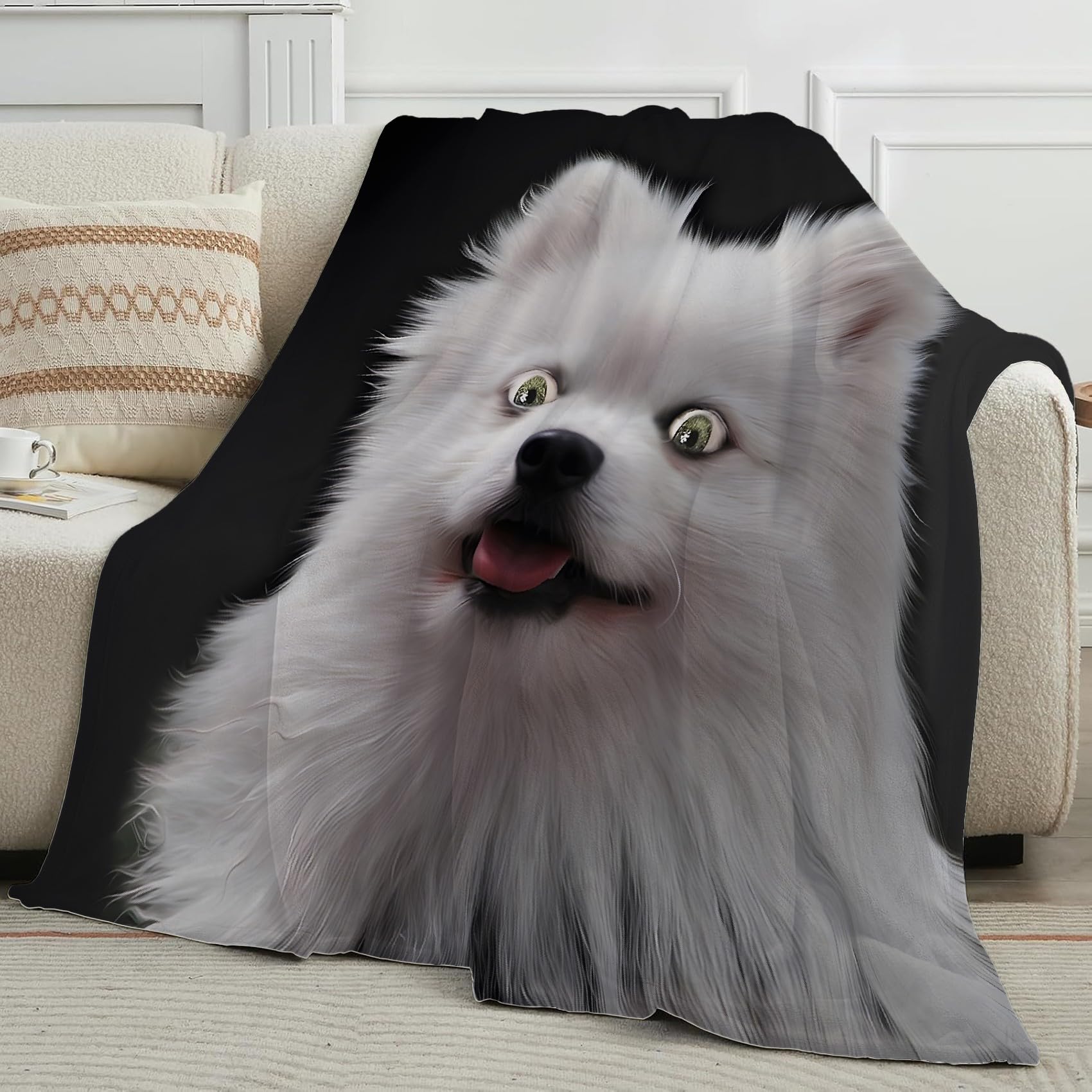 Uroczy Kocyk Szpic Krasnolud Realistyczne Psy Koc polarowy Flanelowa Mikrofibra 220 x 240 cm, Lekki, miękki, ciepły i wygodny, Odpowiedni do sypialni i salonu