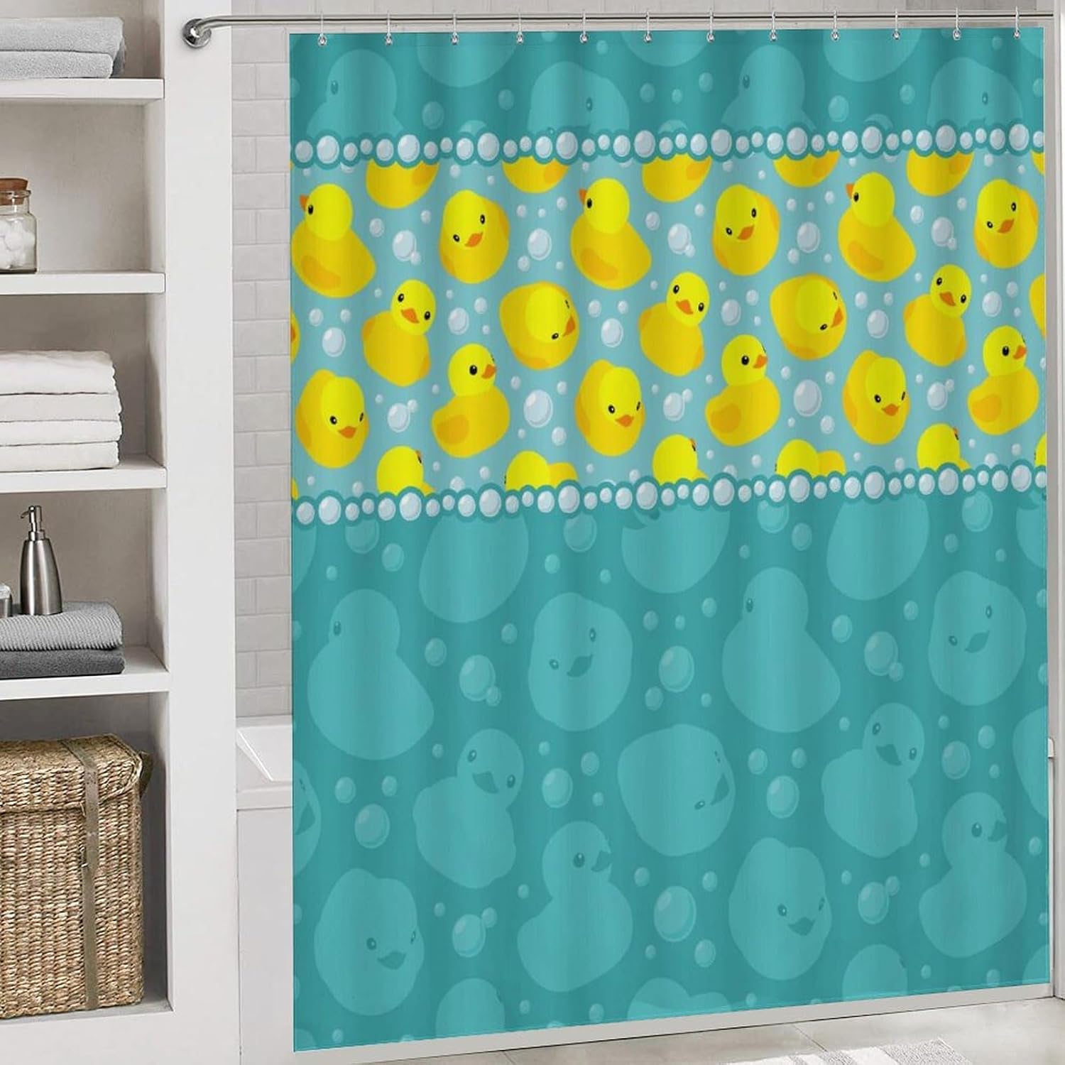 Supdreamc 4 Pc Rubber Duck Cute Yellow Cartoon Duckies Pattern Shower Curtains + Tub Shower Bath Rug Set, Water Repellent Shower Stall Curtain Absorbent Shaggy Rugs