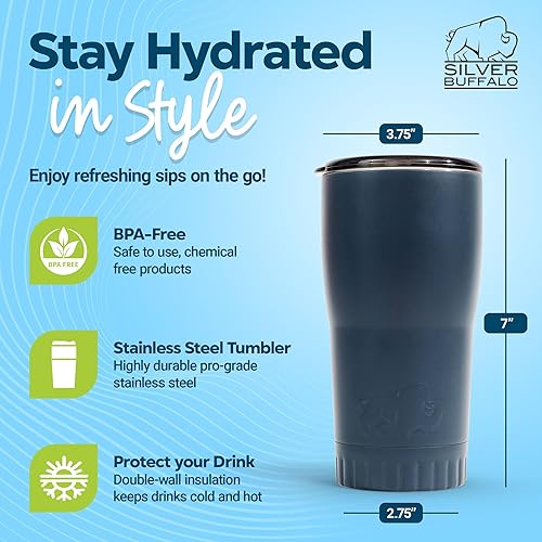 Miniatura 4 de Silver Buffalo Vaso de acero inoxidable de doble pared aislado al vacío con tapa fácil de beber que mantiene el calor y el frío, taza de café de