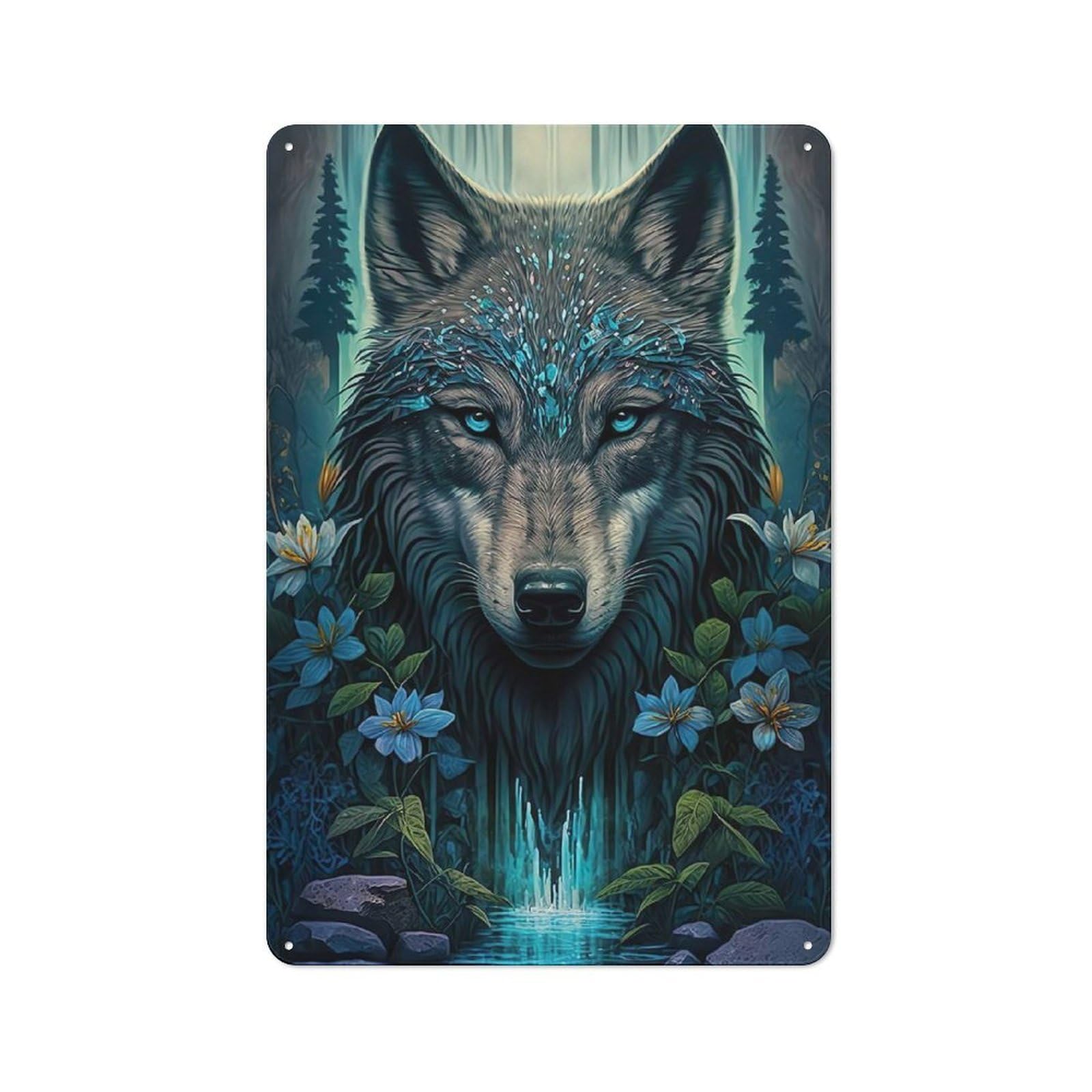 Junmoney Mandala Wolf In Jungle Tin Sign 30X20cm With For Workshop Wall, Rustic Decor, Suited To Workshop Decor Fans