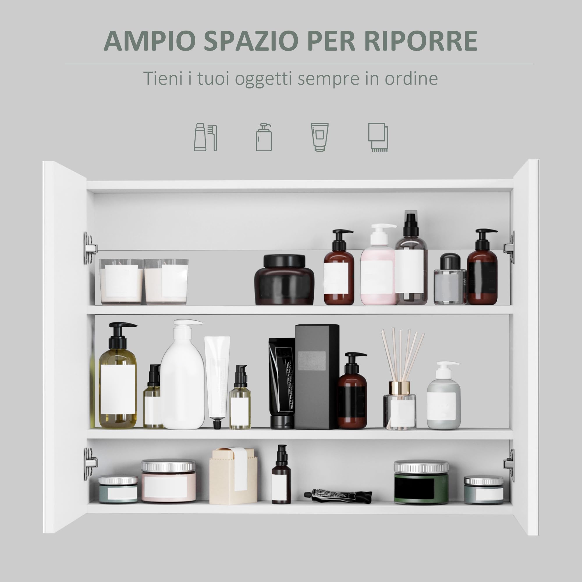 HOMCOM Specchio Bagno Contenitore con Ante a Chiusura Ammortizzata e Ripiani Regolabili, Specchiera Bagno con 3 Ripiani Interni in MDF e Vetro, 80x15x60 cm, Bianco